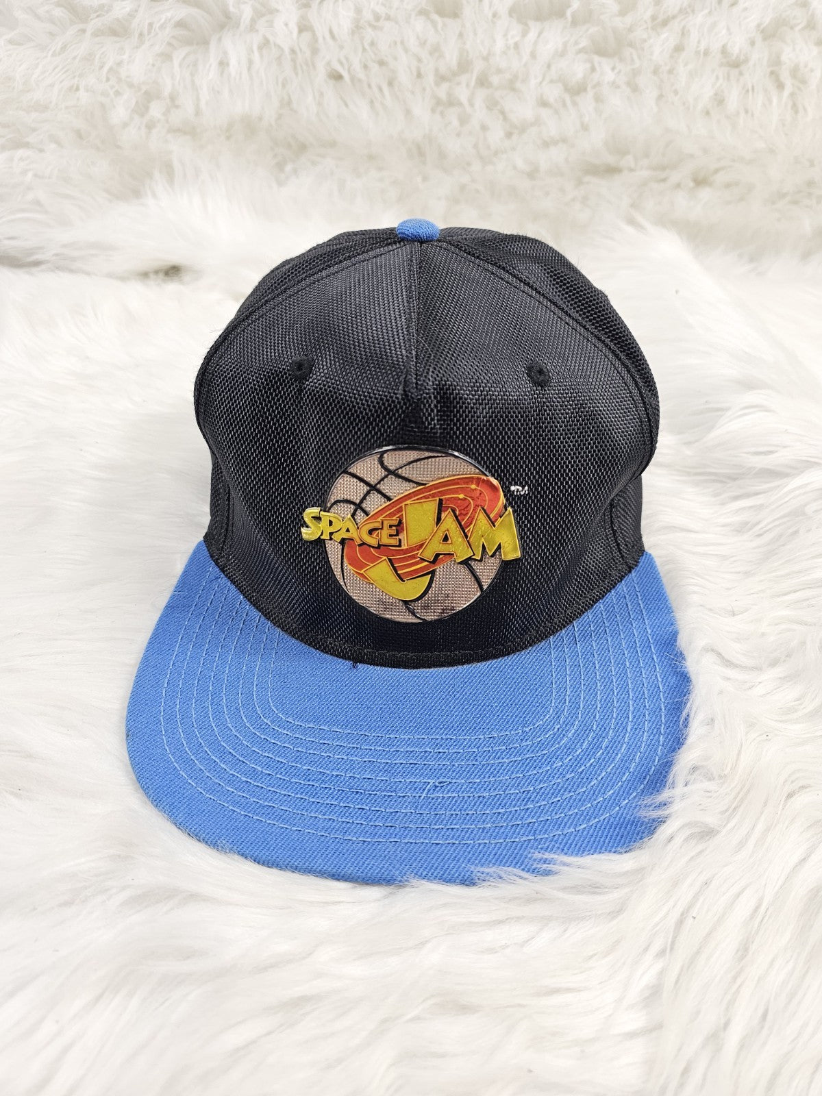 1990s - Warner Bros Space Jam Snapback Hat Black Blue Metallic Logo