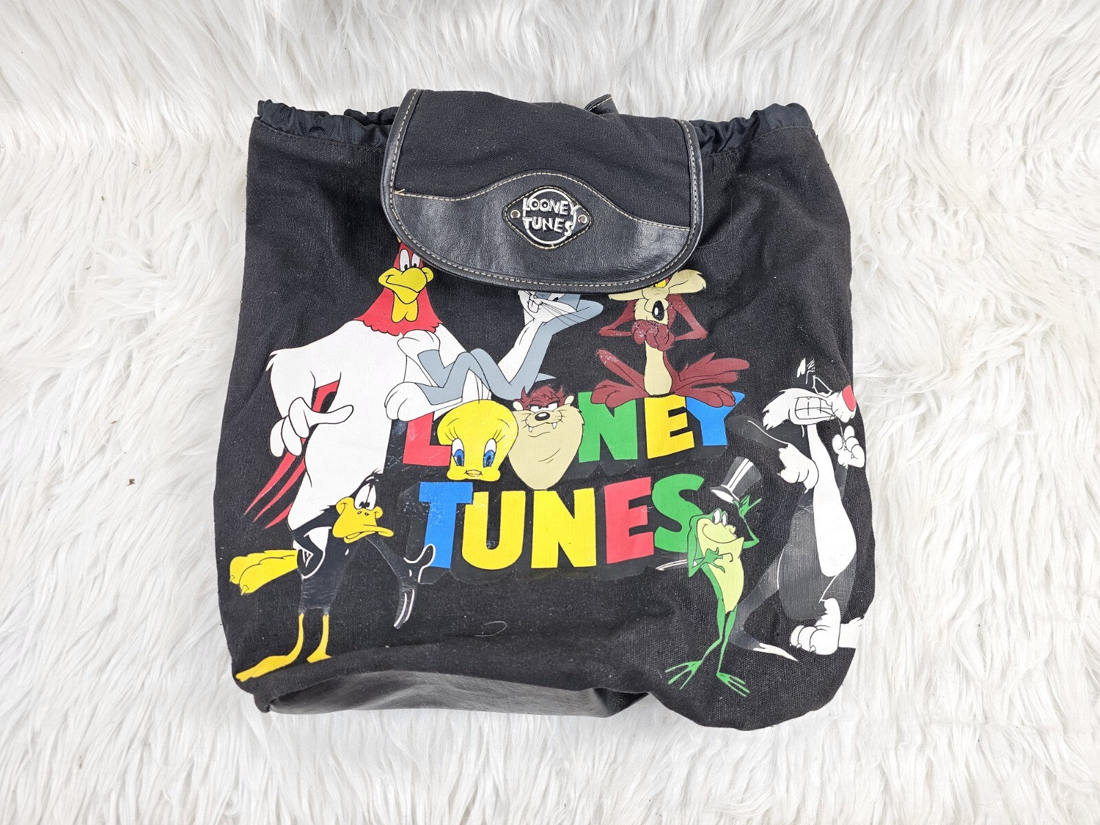 Vintage Looney Tunes WB Backpack Bag Black 90s y2K All Characters Toon Squad