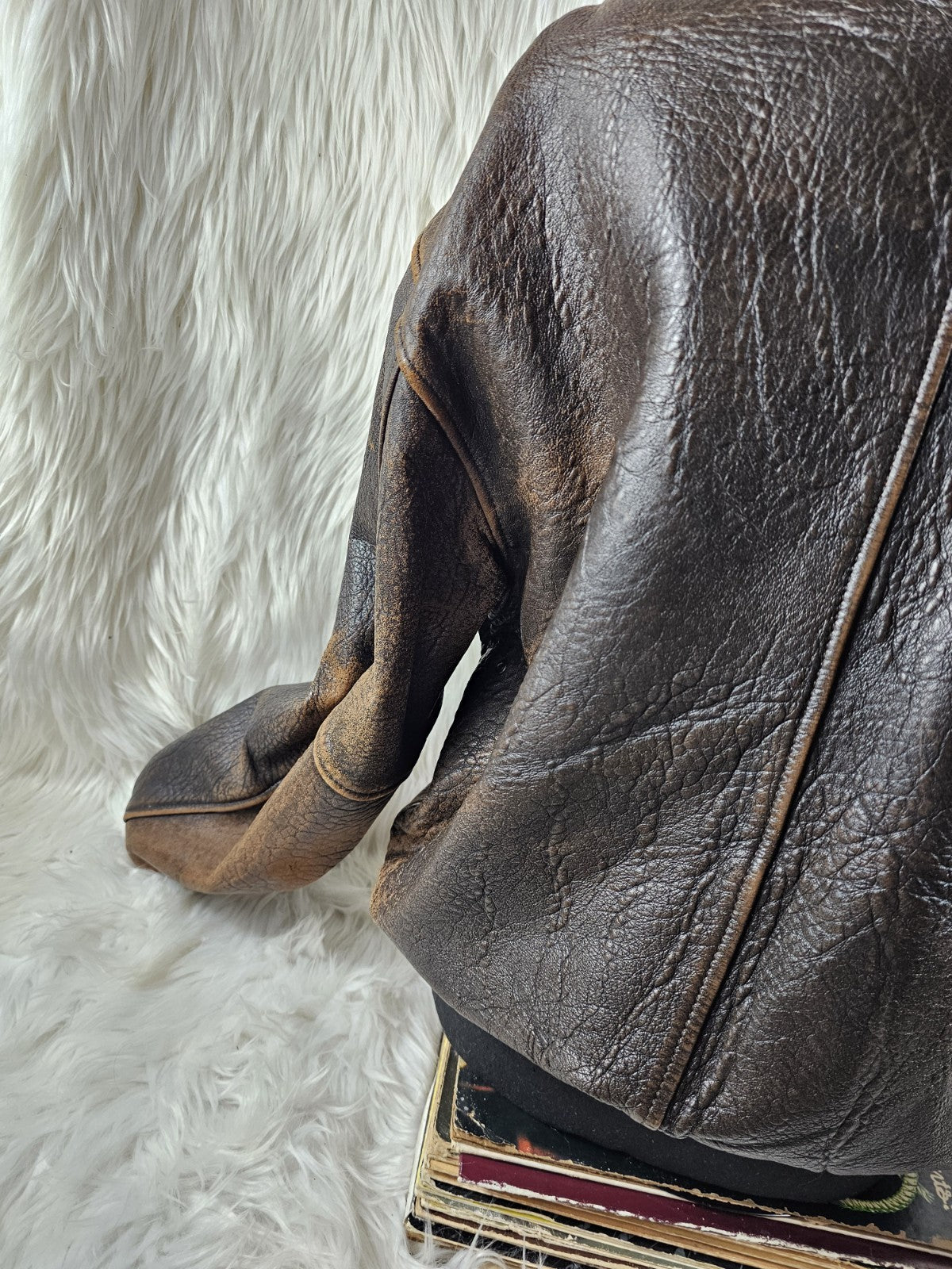 1990s - ONTIME Leather Jacket Mid-length American Casual Distress Brown MED