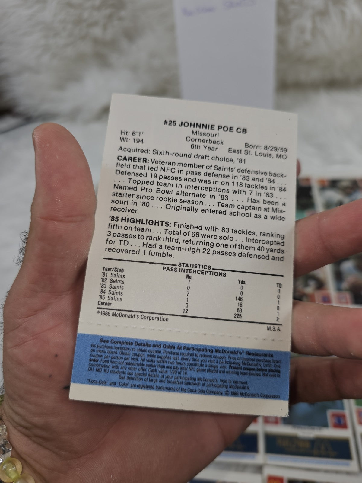 1986 - McDonald's Cards NFL New Orleans Saints (24) Blue Tab Unscratched MINT