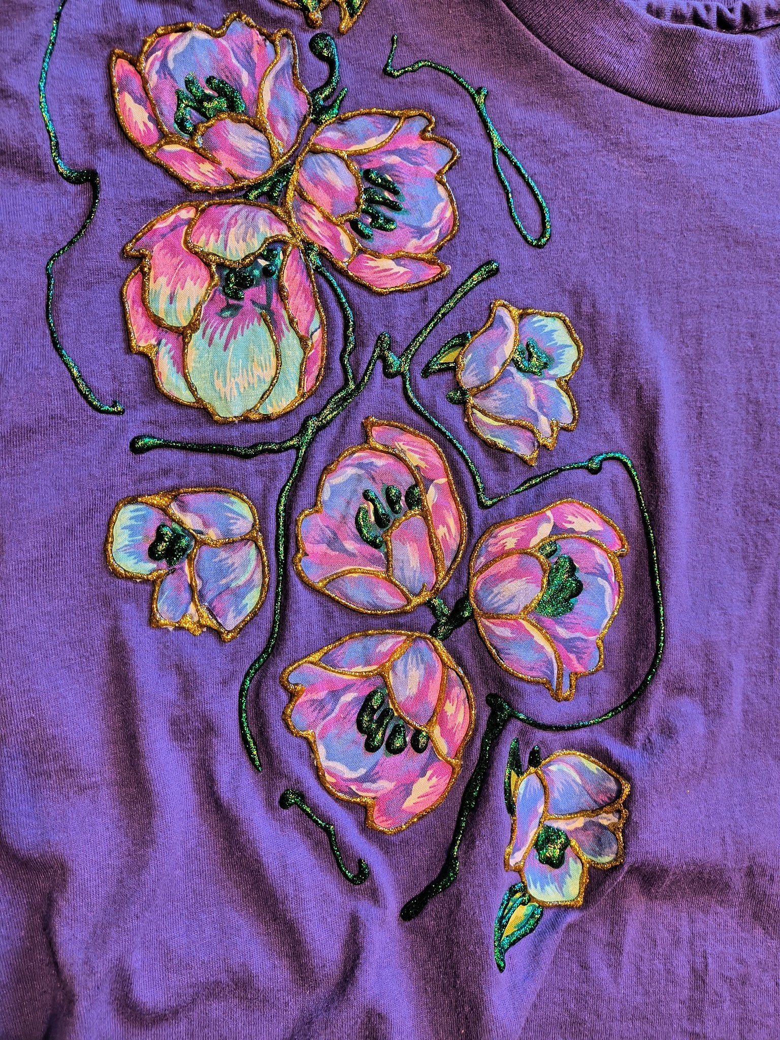 Vintage Painted Purple Flowers Crop Top