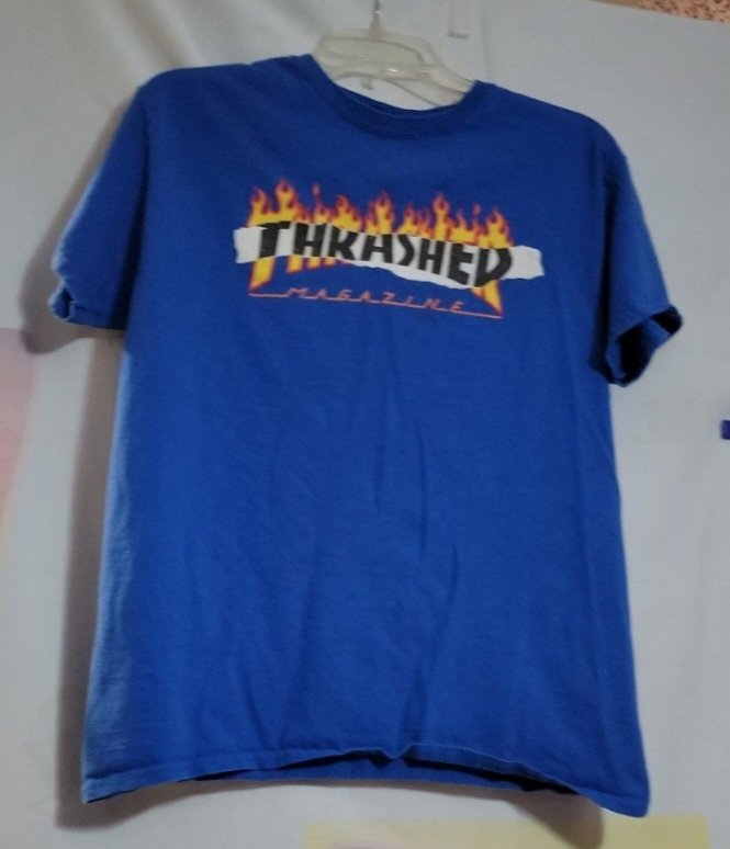 Vintage Thrasher Magazine Blue Shirt Mens Size Medium Skateboarding Ripped Flame