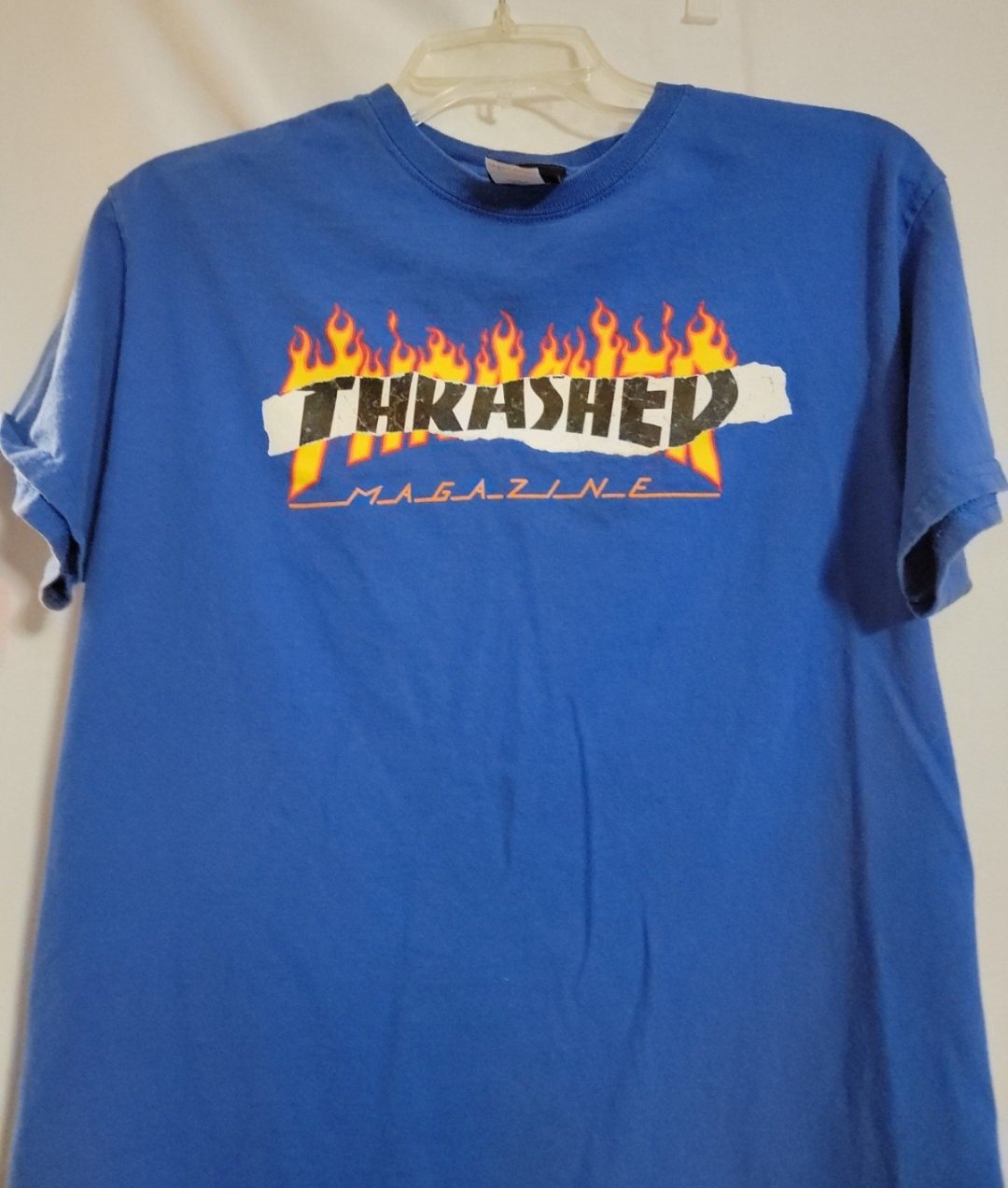 Vintage Thrasher Magazine Blue Shirt Mens Size Medium Skateboarding Ripped Flame