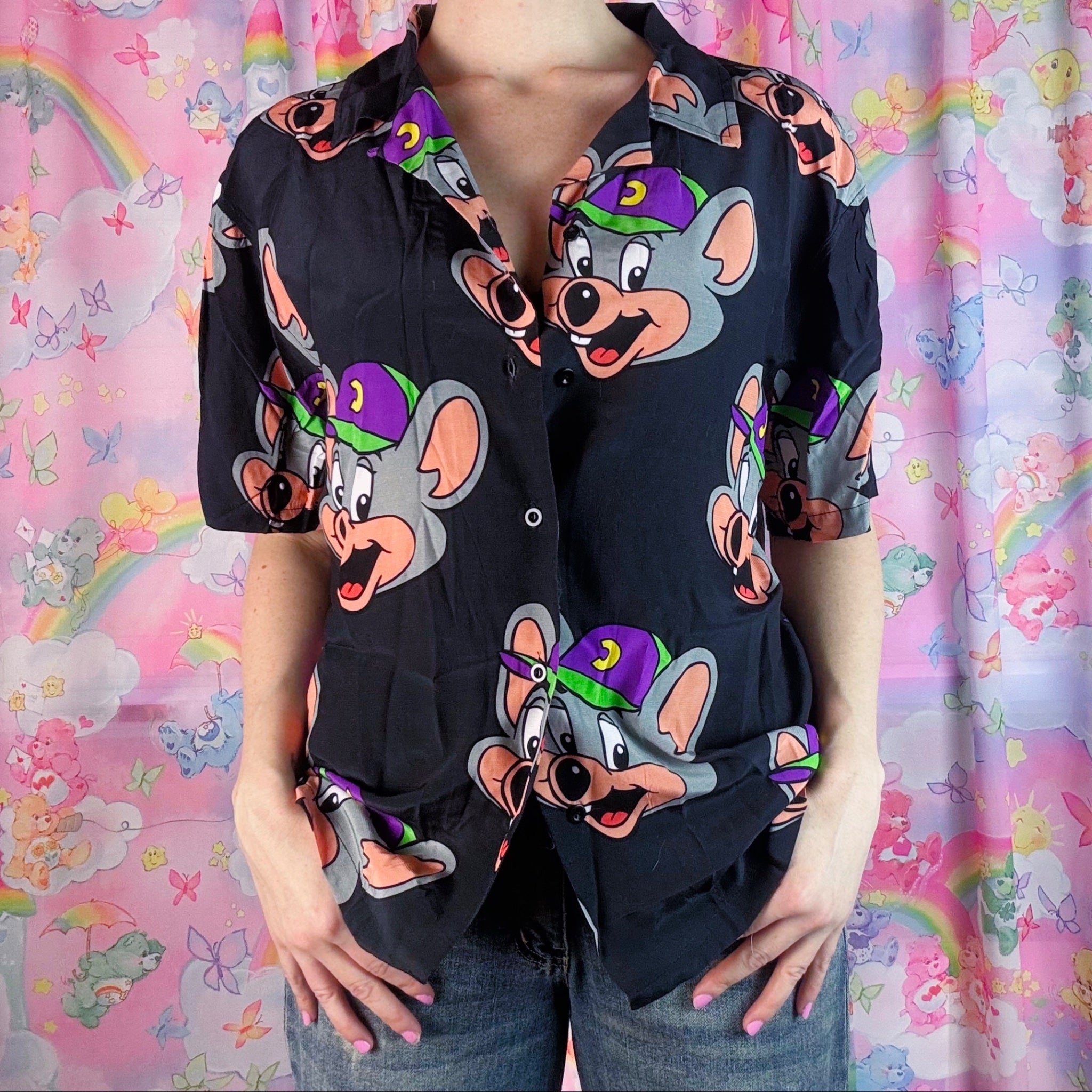 Chuck E. Cheese Button Up Shirt – Cartoon Print Adult Unisex Small
