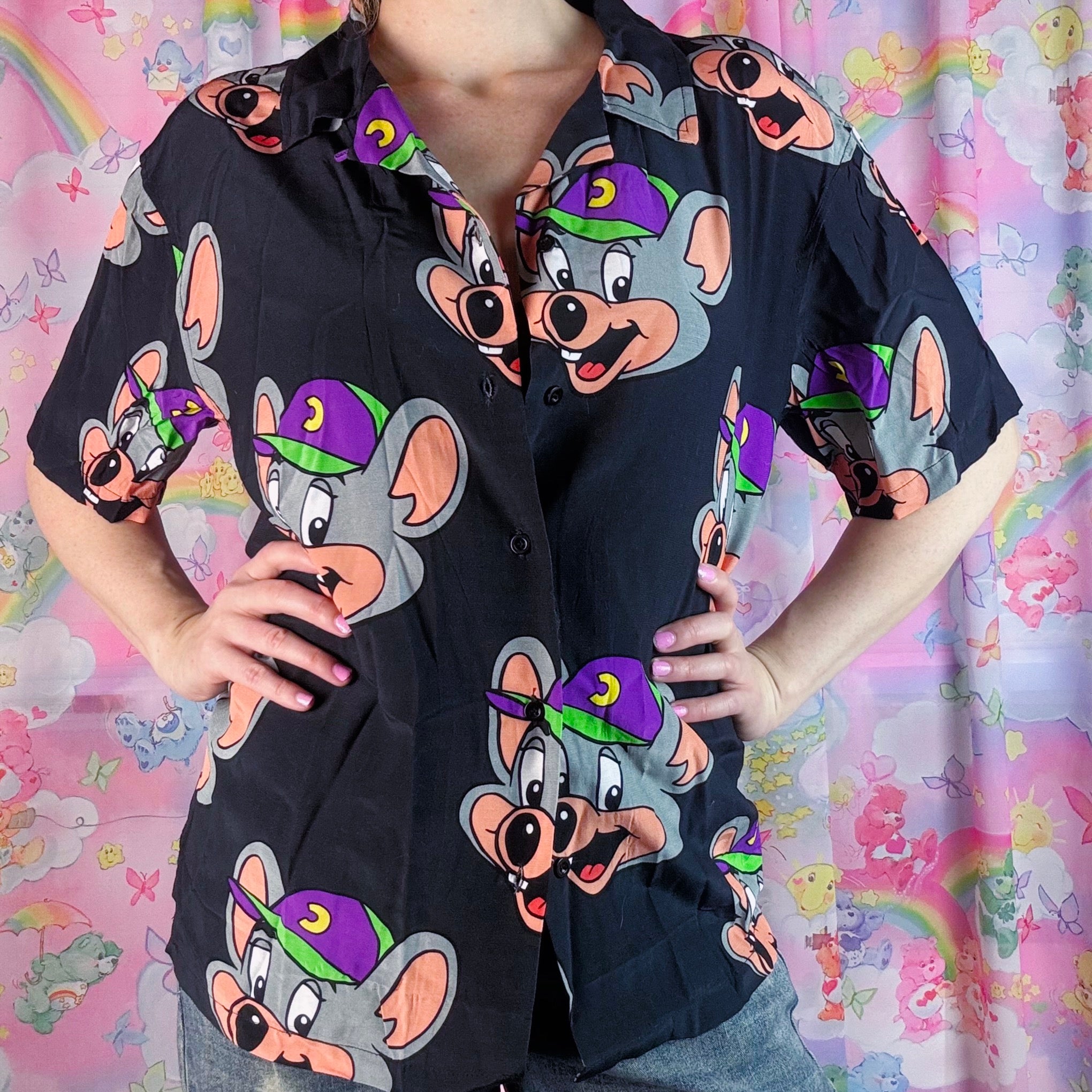 Chuck E. Cheese Button Up Shirt – Cartoon Print Adult Unisex Small