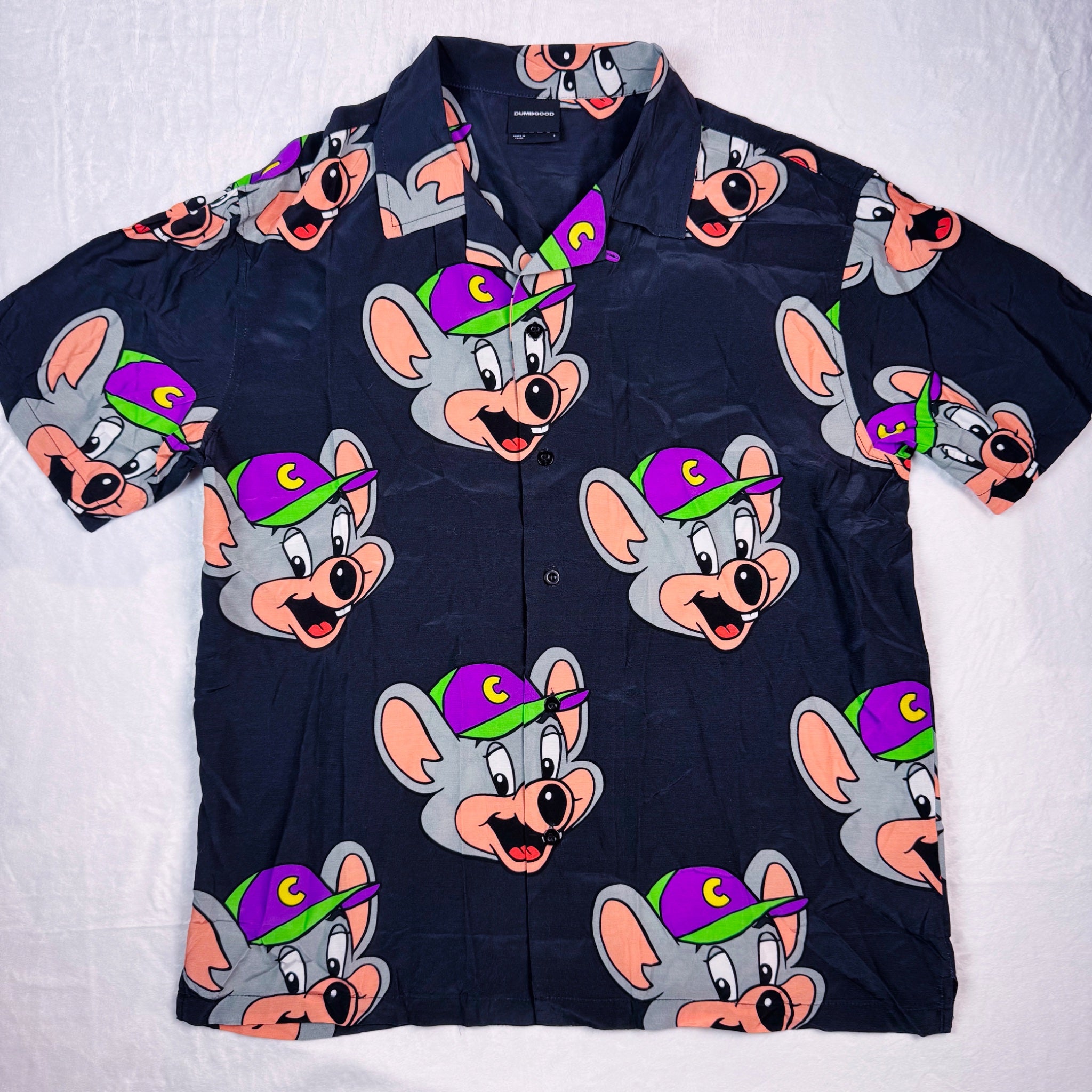 Chuck E. Cheese Button Up Shirt – Cartoon Print Adult Unisex Small