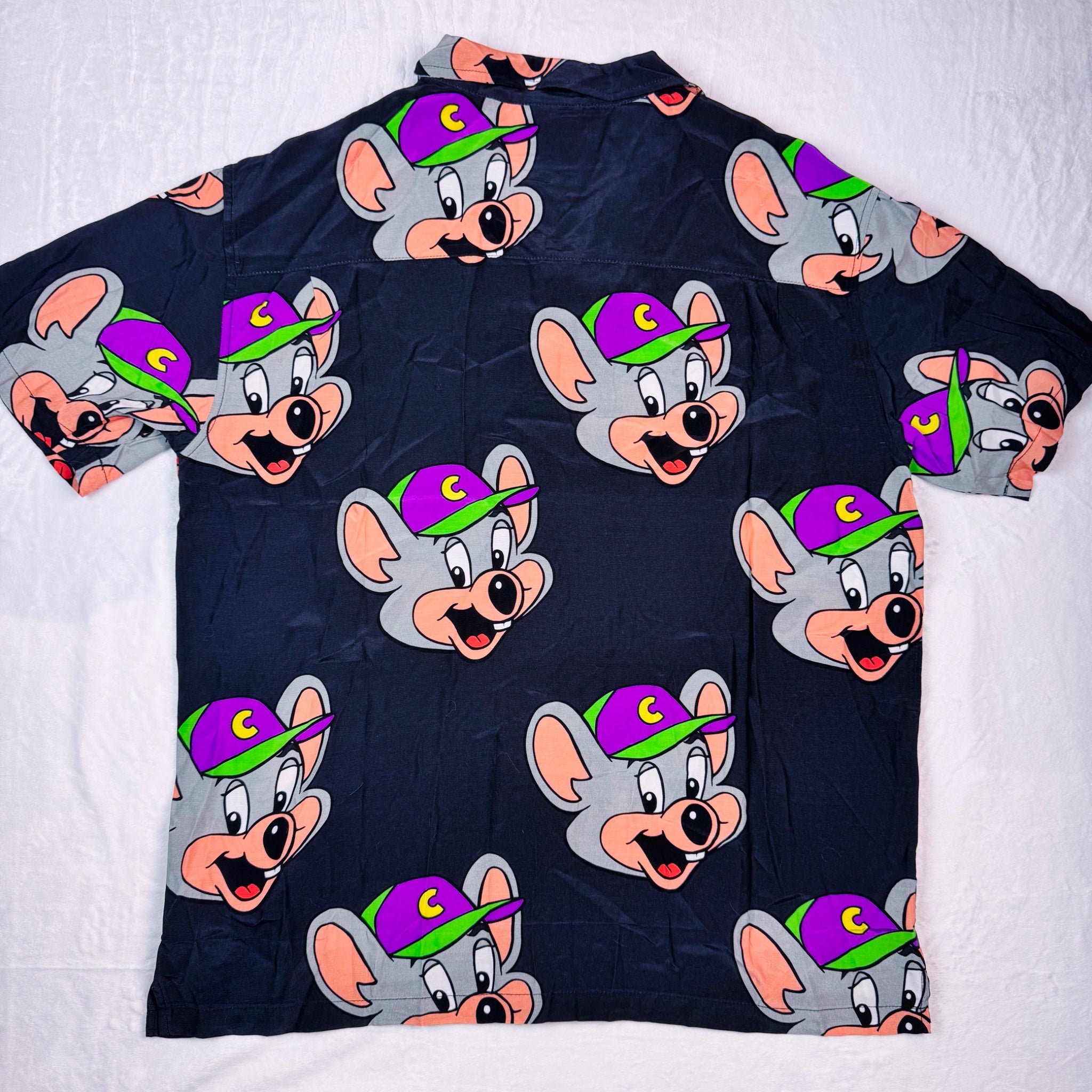Chuck E. Cheese Button Up Shirt – Cartoon Print Adult Unisex Small