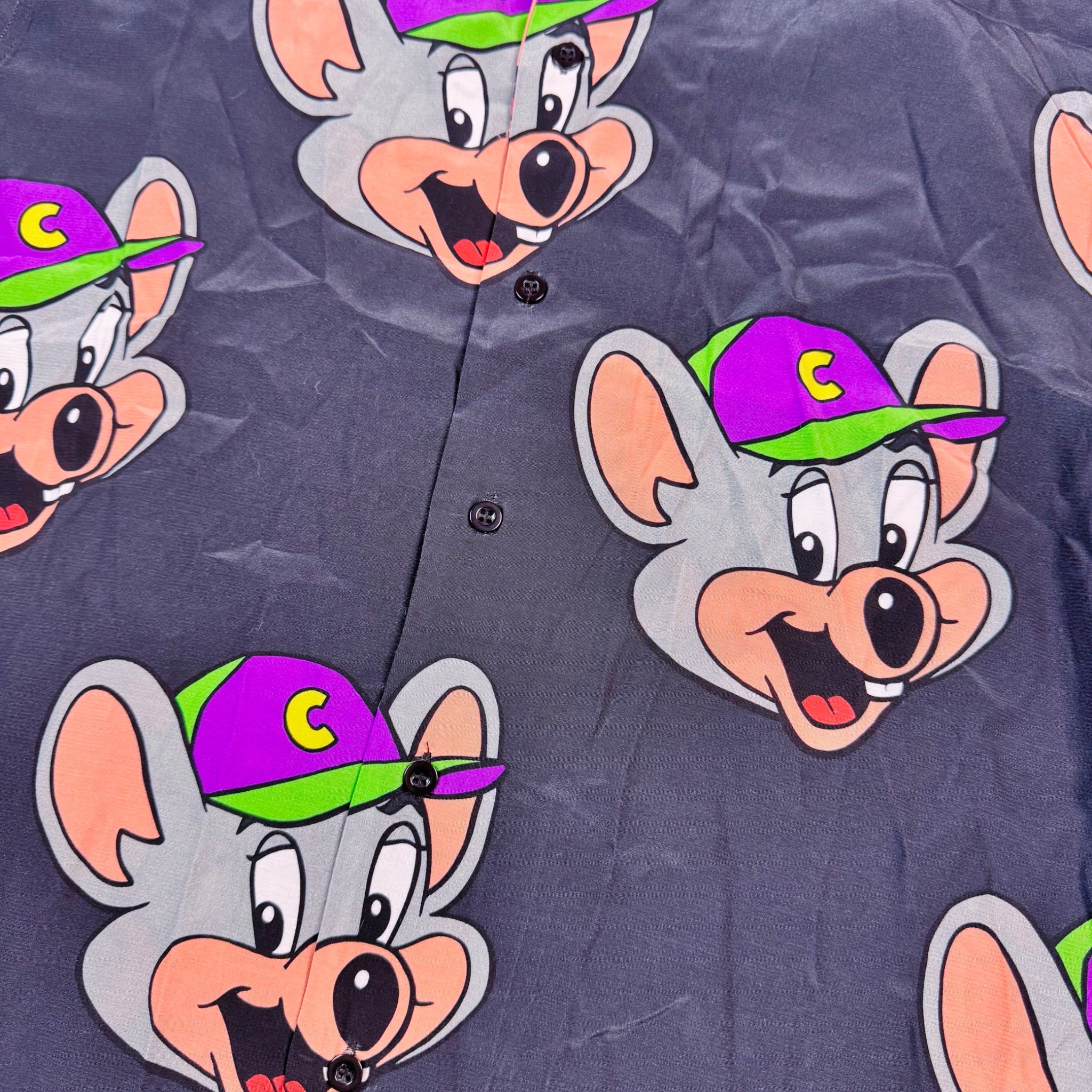 Chuck E. Cheese Button Up Shirt – Cartoon Print Adult Unisex Small