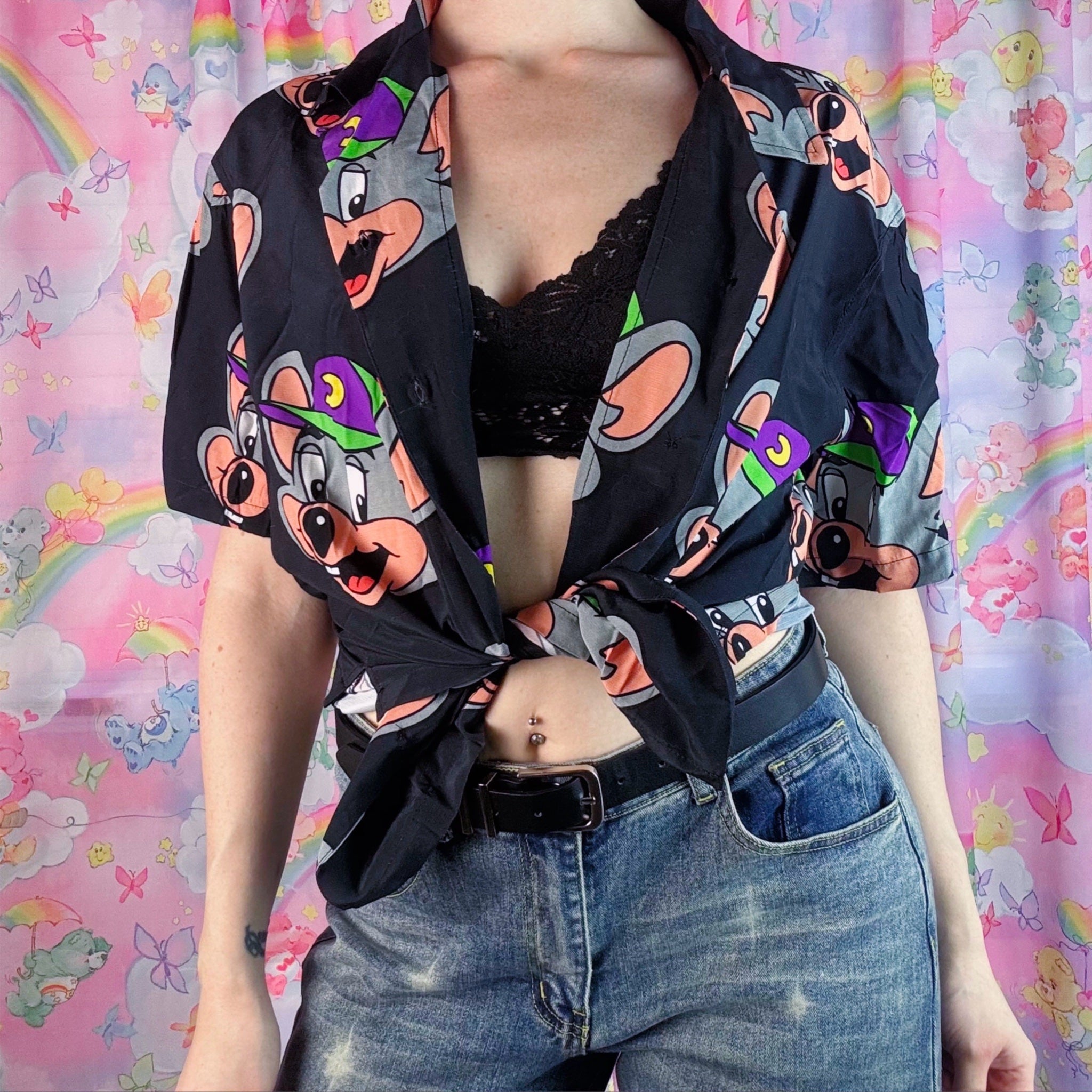 Chuck E. Cheese Button Up Shirt – Cartoon Print Adult Unisex Small