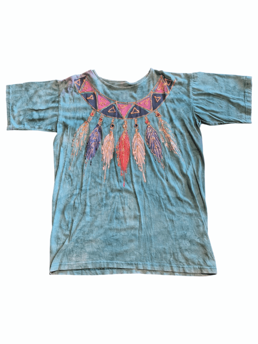 90s Turquoise Tie Dye Feather Shirt - T-Shirts - ThrowbackBuys - Shiznit