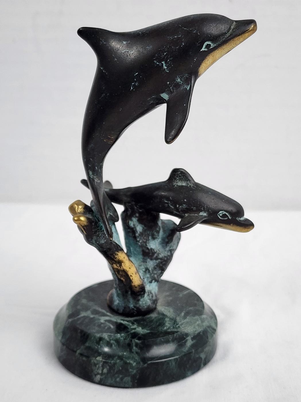 Vintage - SPI San Pacific International Mother Dolphin & Baby Brass/Marble Base Statue