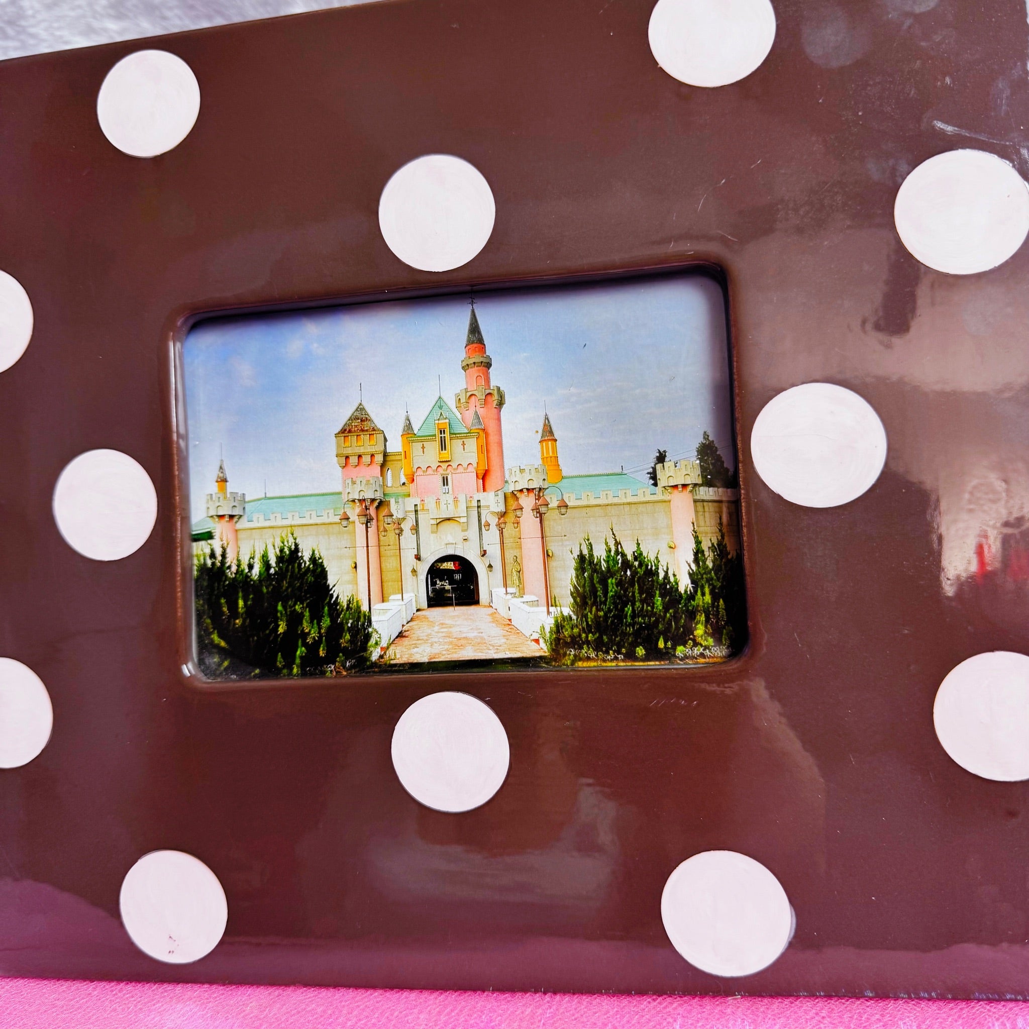 Vintage 2000s Polka Dot Ceramic Photo Frame - Brown and Pink