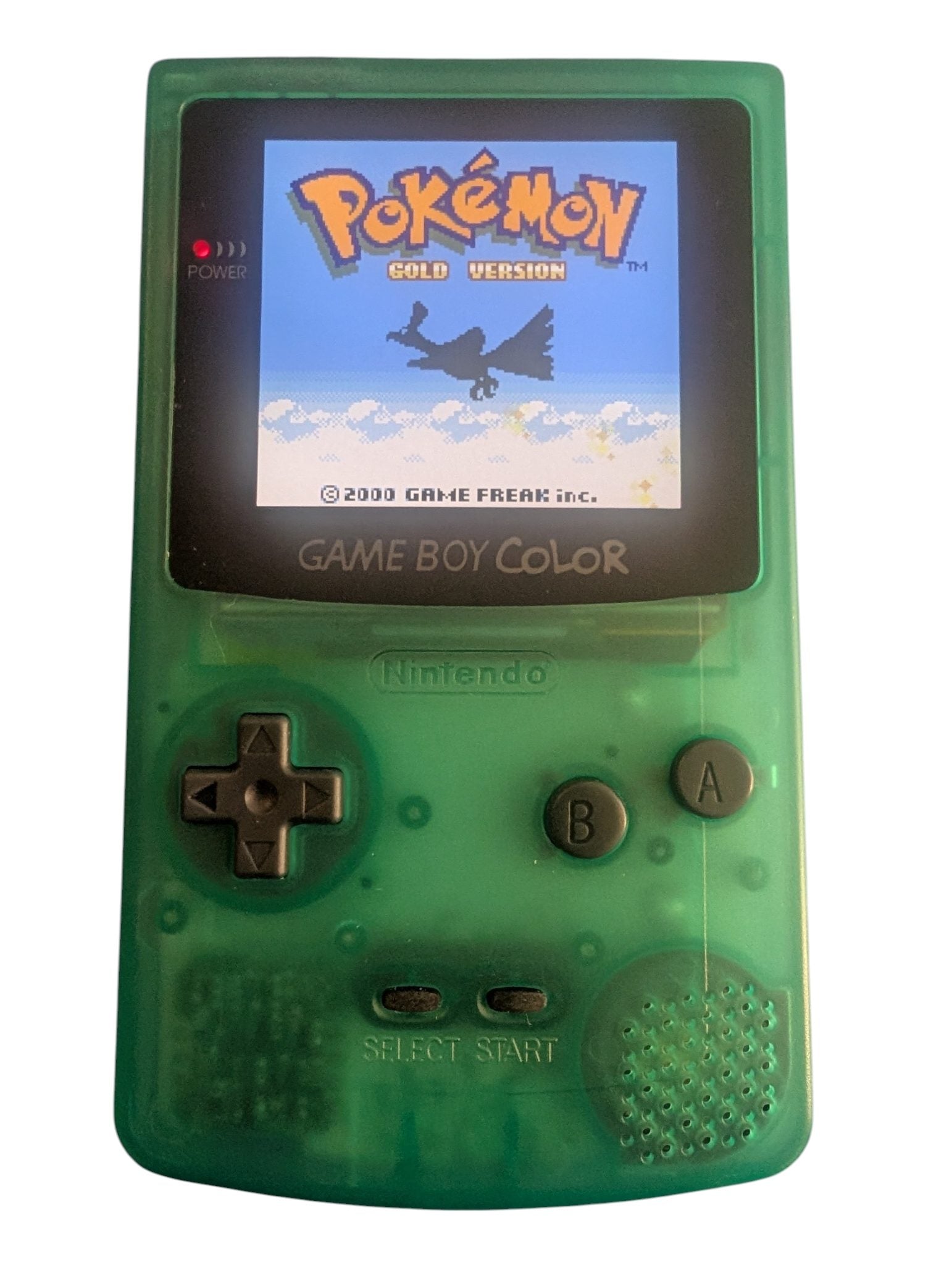 IPS Screen/USB-C Gameboy Color w/ Reproduction Pokemon Gold - See through green shell w/ black buttons