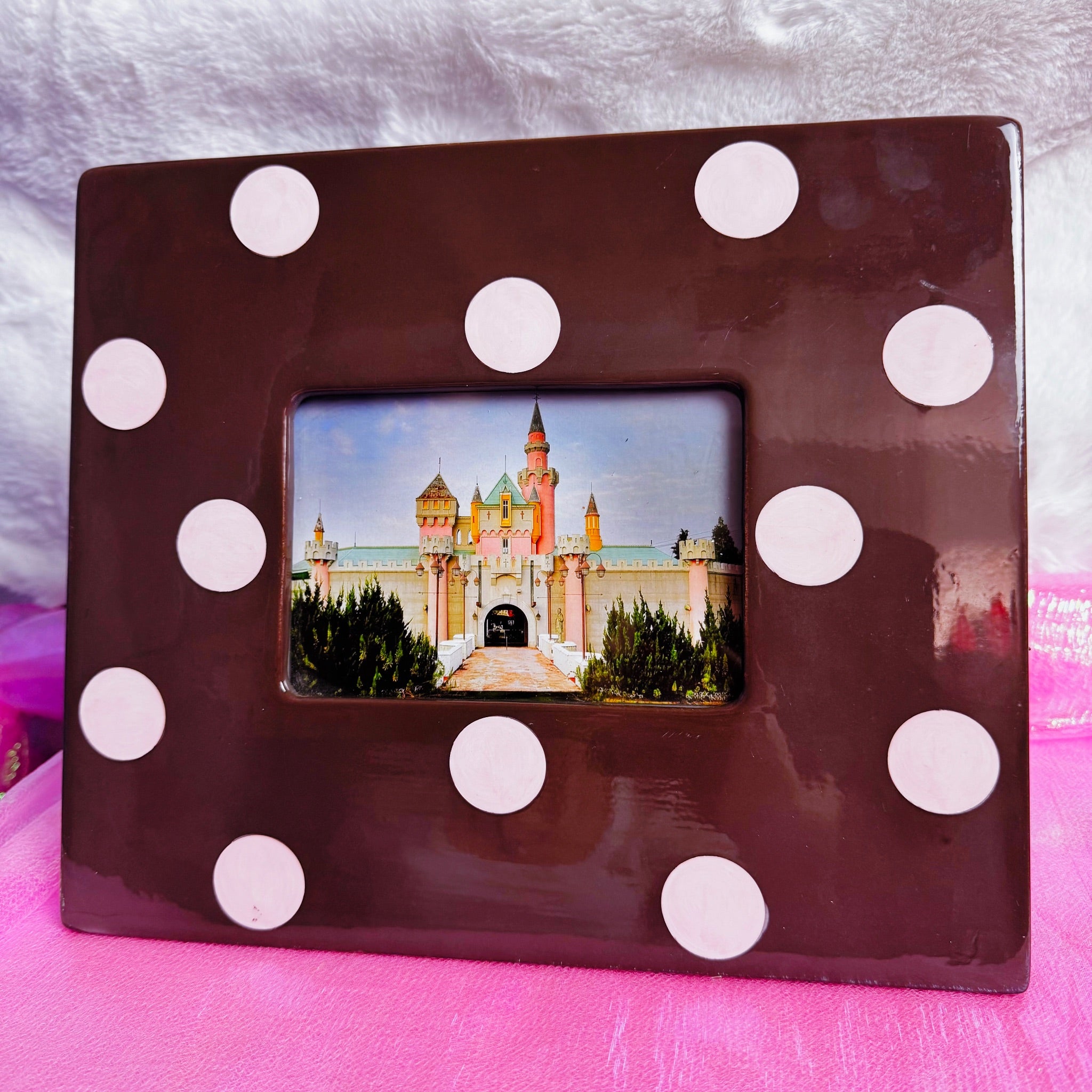 Vintage 2000s Polka Dot Ceramic Photo Frame - Brown and Pink