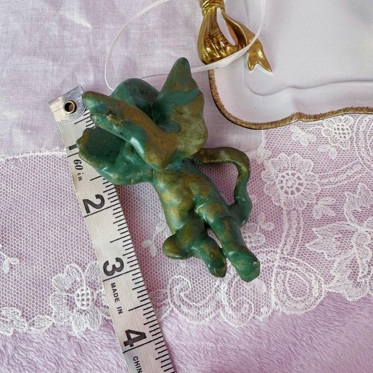 Vintage 90s Cherub Ornament - Green Gold Angel Figurine