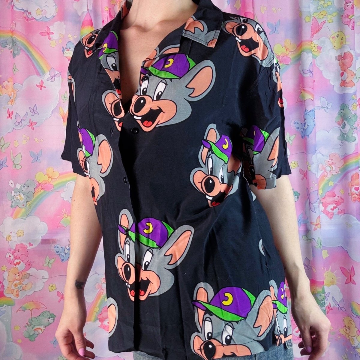 Chuck E. Cheese Button Up Shirt – Cartoon Print Adult Unisex Small - Shirts - ThrowbackBuys - Starbunnyvintage