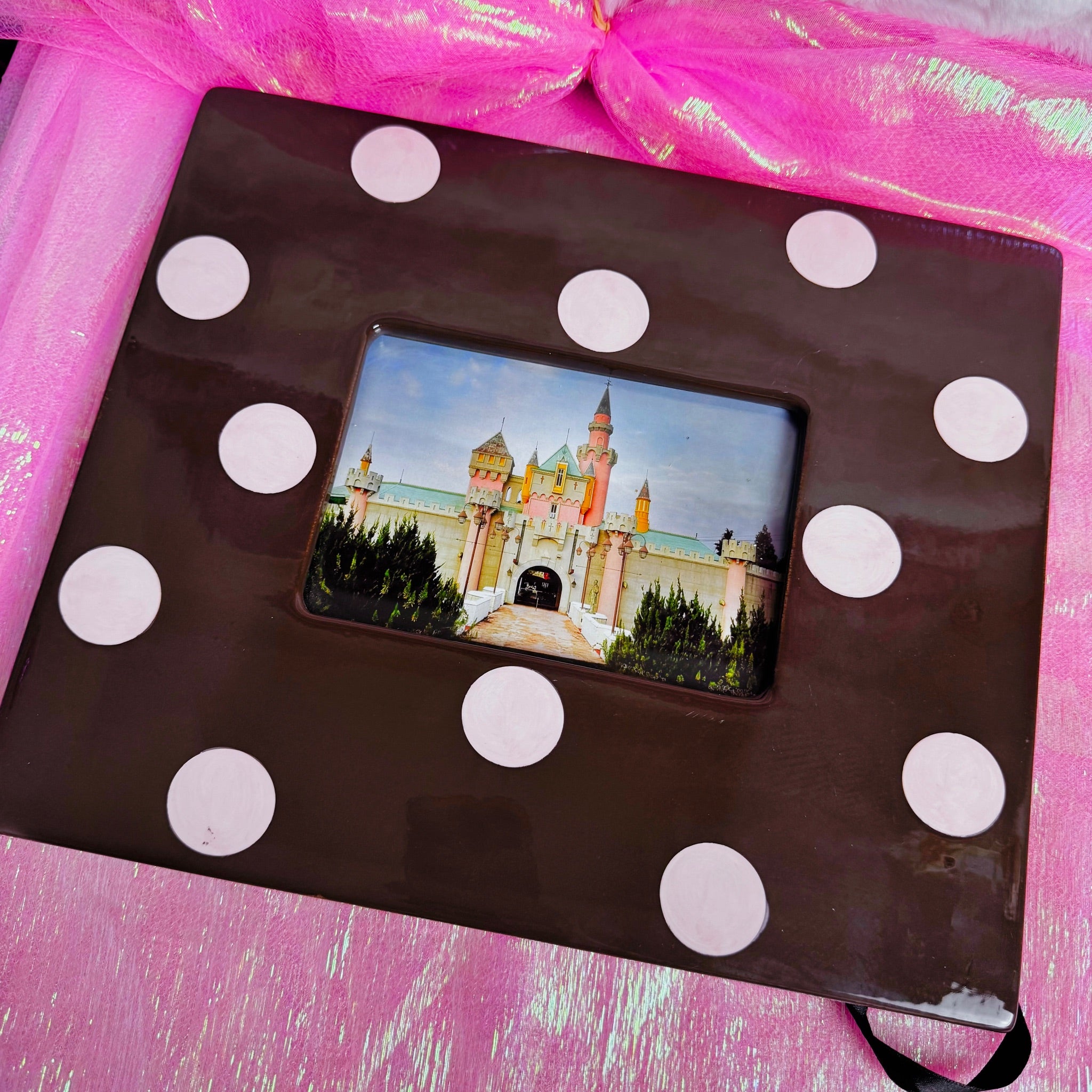 Vintage 2000s Polka Dot Ceramic Photo Frame - Brown and Pink