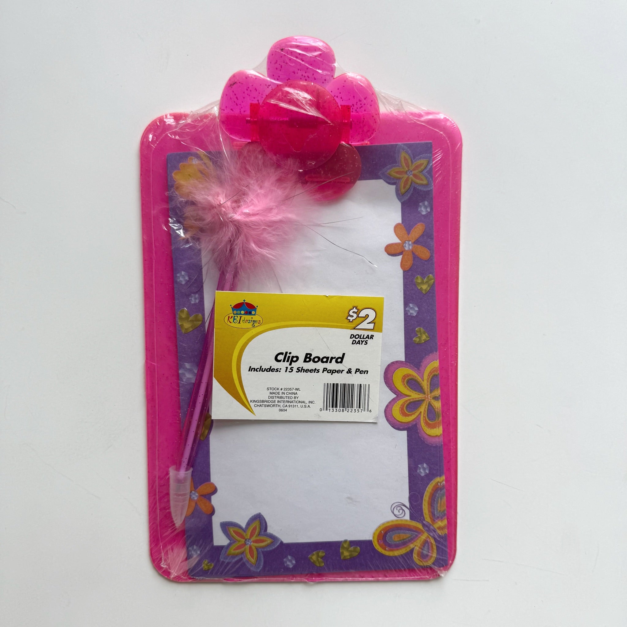 Y2K Glitter Pink Flower Clip Board with Fluffy Pen