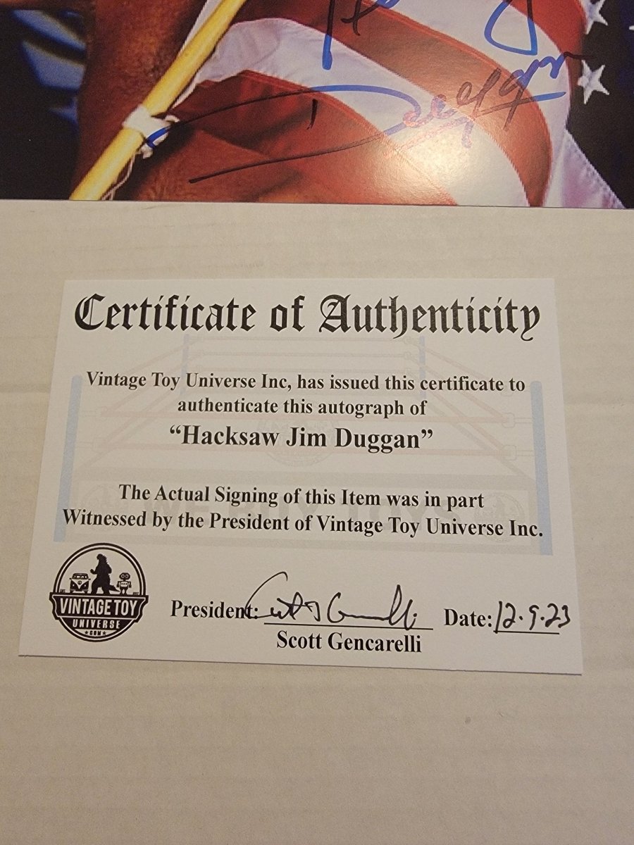 Hacksaw Jim Duggan Autographed American Flag Photo with COA - Paper Goods - ThrowbackBuys - Amanda's Awesome Finds