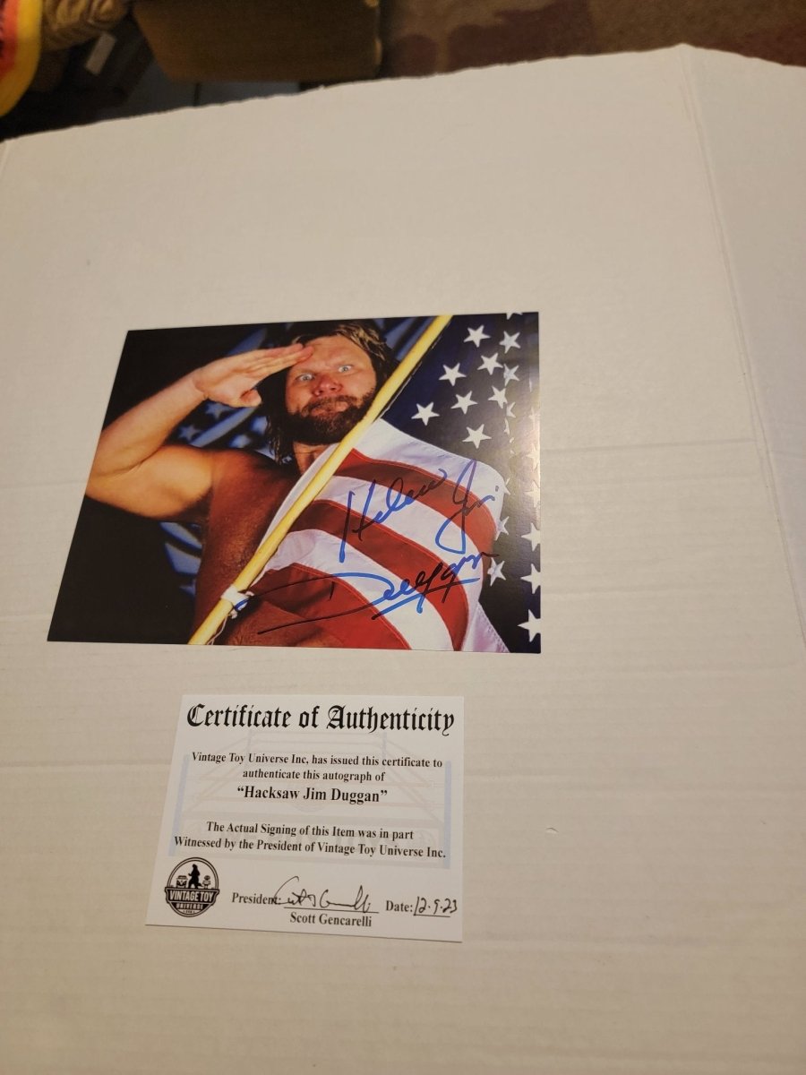 Hacksaw Jim Duggan Autographed American Flag Photo with COA - Paper Goods - ThrowbackBuys - Amanda's Awesome Finds