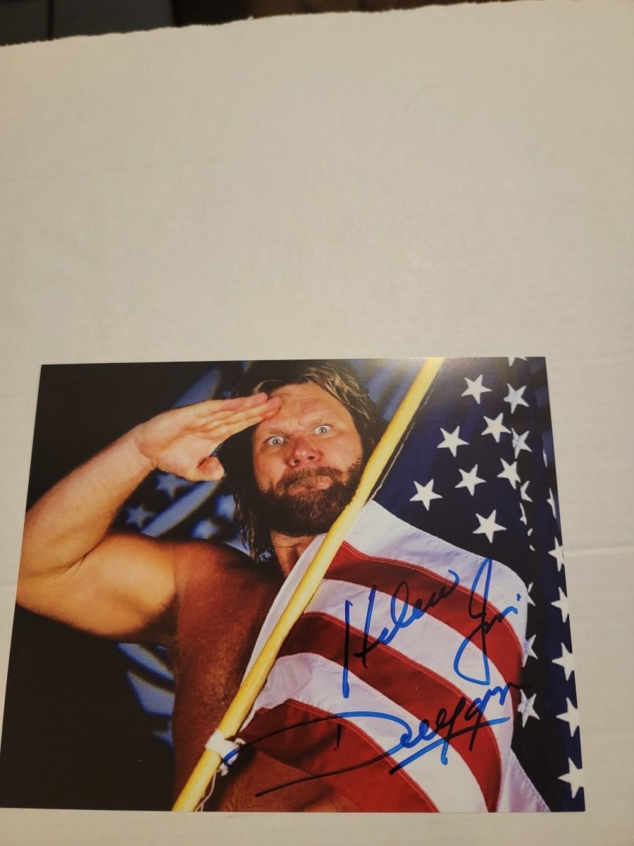 Hacksaw Jim Duggan Autographed American Flag Photo with COA - Paper Goods - ThrowbackBuys - Amanda's Awesome Finds