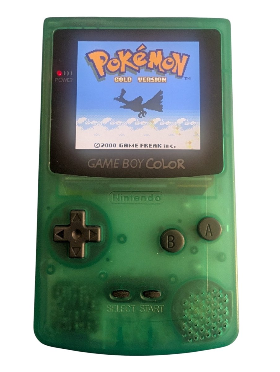 IPS Screen/USB-C Gameboy Color w/ Reproduction Pokemon Gold - See through green shell w/ black buttons - Video Games - ThrowbackBuys -Slaqr Retro Gaming & Collectibles