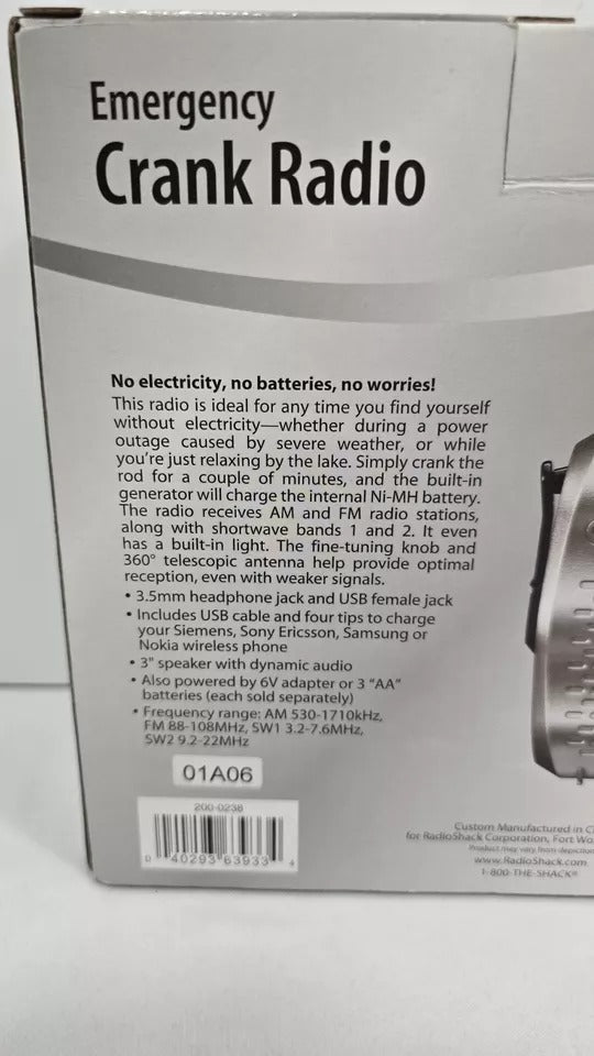 RADIO SHACK 20 - 238 Emergency Crank Radio with Light AM/FM SW1 SW2 USB, NIB - AM/FM Radio - ThrowbackBuys - ResellerDoor