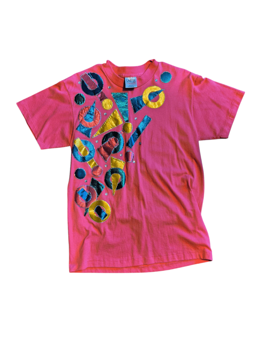 Retro Oneita Pink Glitter Shapes Shirt - T-Shirts - ThrowbackBuys - Shiznit