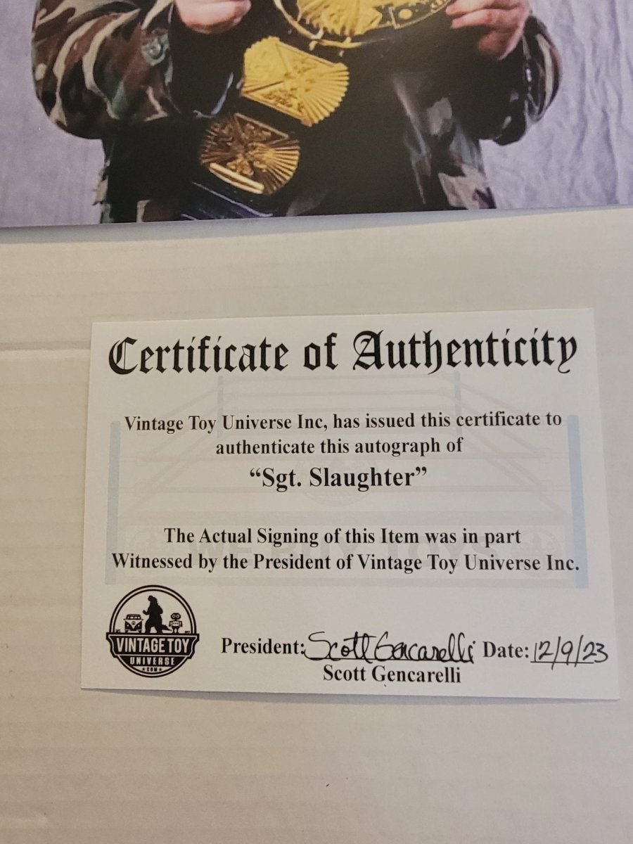 Sgt. Slaughter Autographed Title Belt Photo with COA. - Paper Goods - ThrowbackBuys - Amanda's Awesome Finds
