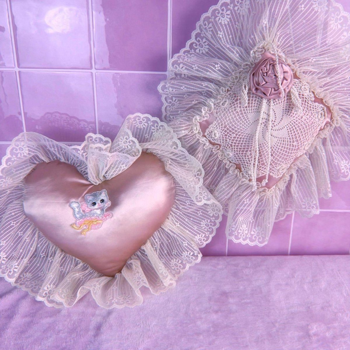 Vintage 1980s Lace and Satin Pillow Set - Pink Wall Hanging - Decor - ThrowbackBuys - Starbunnyvintage