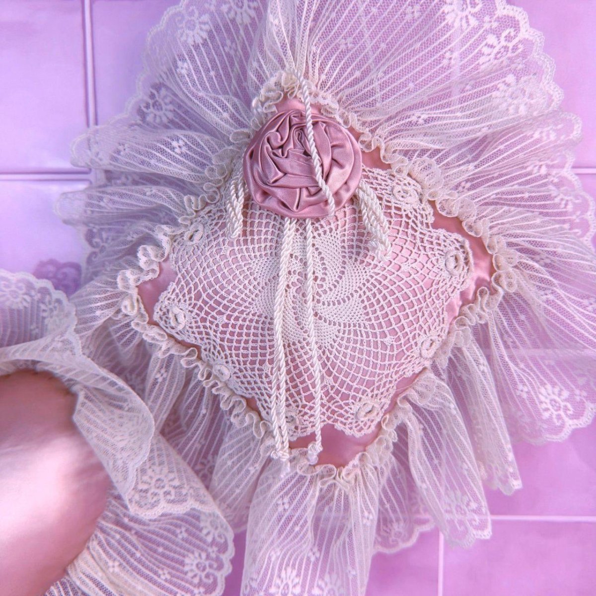Vintage 1980s Lace and Satin Pillow Set - Pink Wall Hanging - Decor - ThrowbackBuys - Starbunnyvintage
