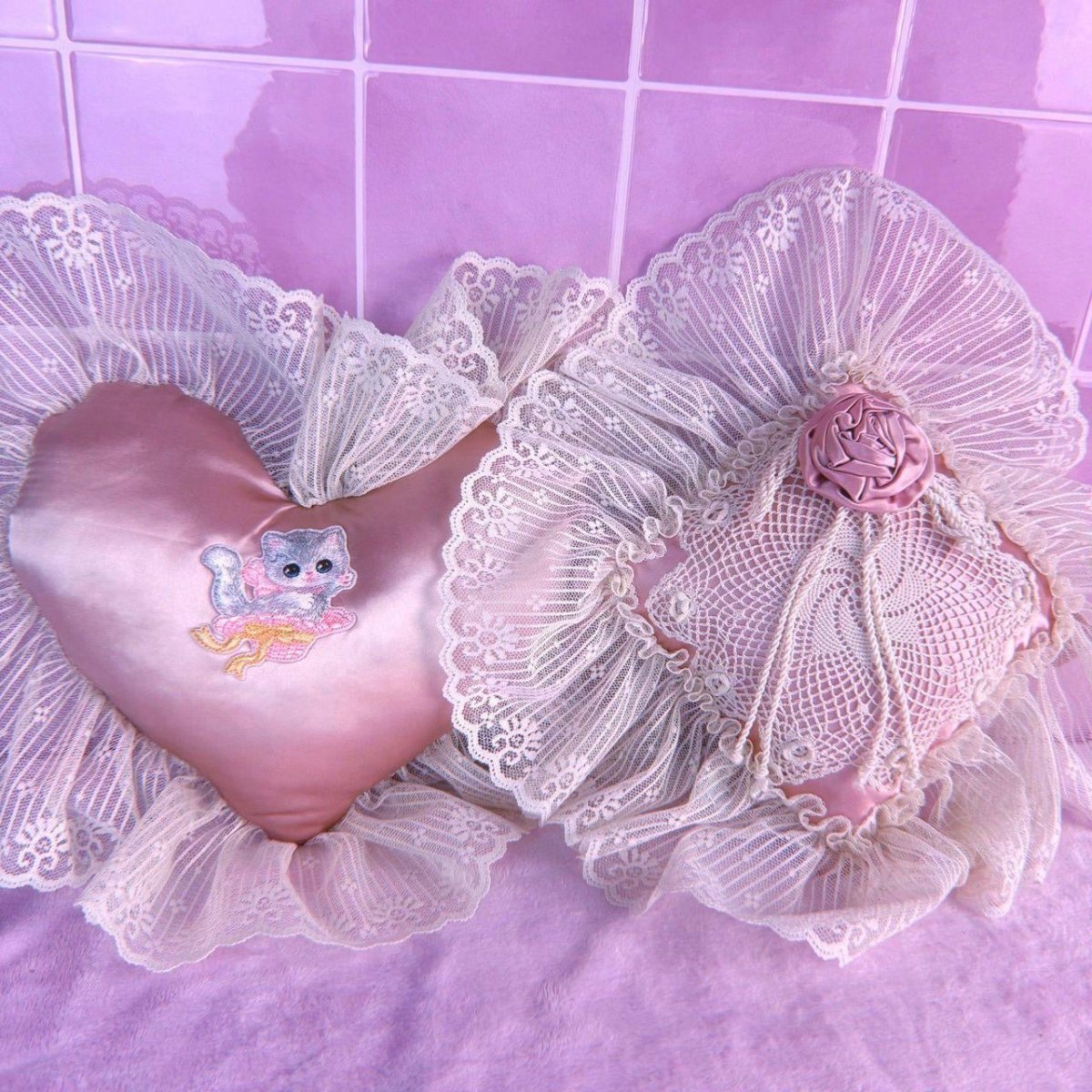 Vintage 1980s Lace and Satin Pillow Set - Pink Wall Hanging - Decor - ThrowbackBuys - Starbunnyvintage