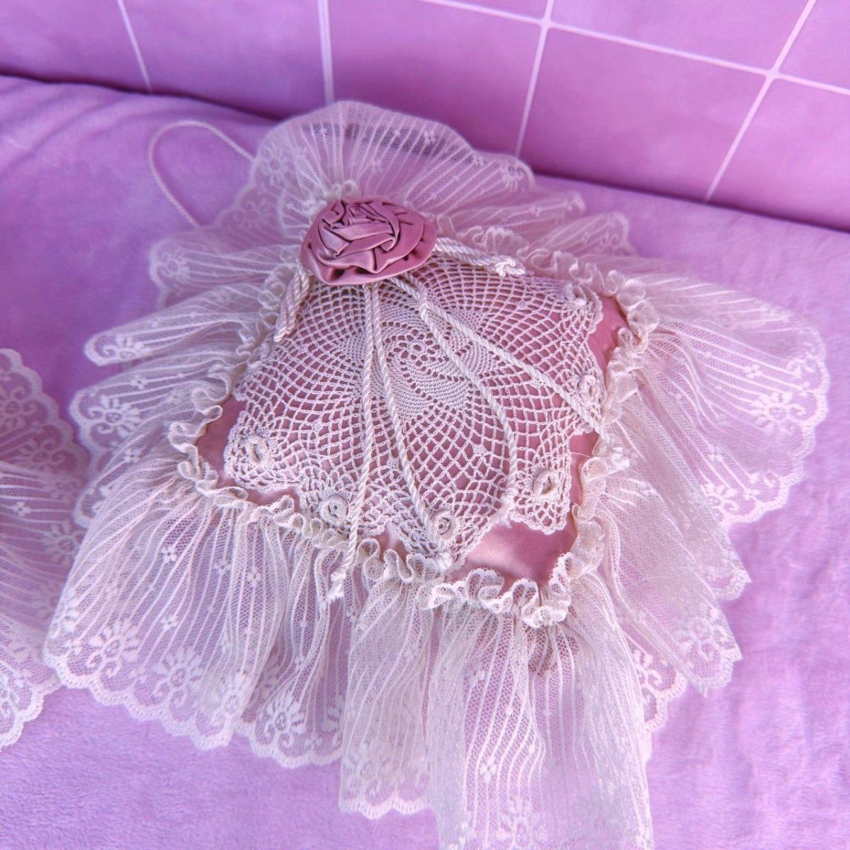 Vintage 1980s Lace and Satin Pillow Set - Pink Wall Hanging - Decor - ThrowbackBuys - Starbunnyvintage