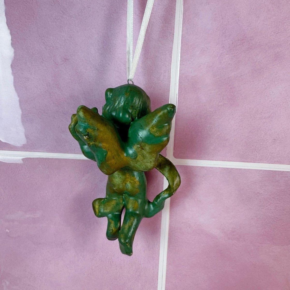 Vintage 90s Cherub Ornament - Green Gold Angel Figurine - Ornaments - ThrowbackBuys -Starbunnyvintage