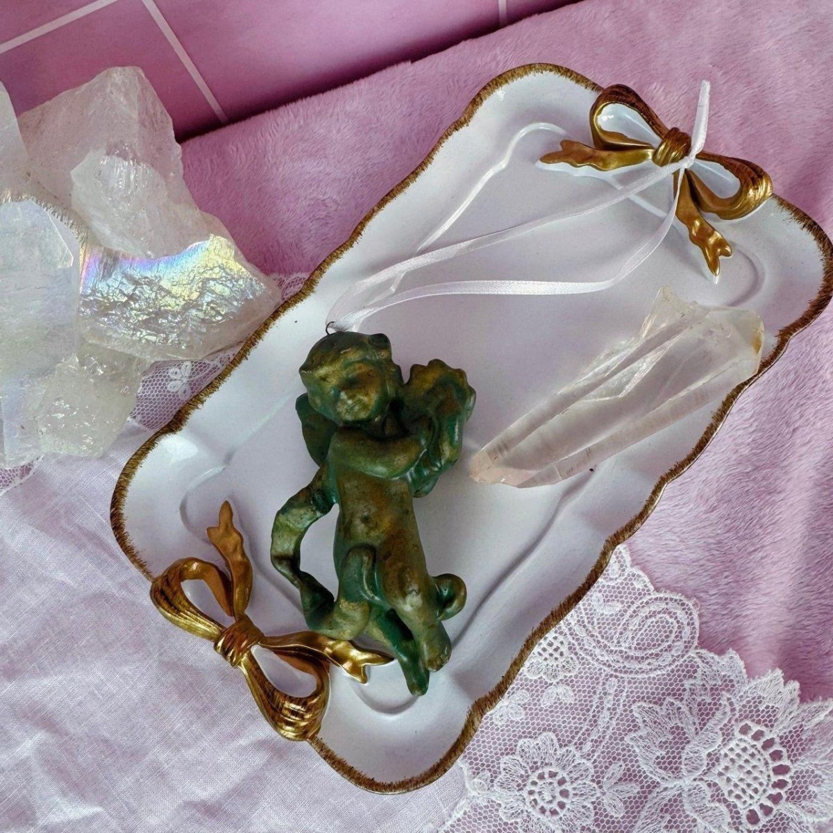 Vintage 90s Cherub Ornament - Green Gold Angel Figurine - Ornaments - ThrowbackBuys -Starbunnyvintage