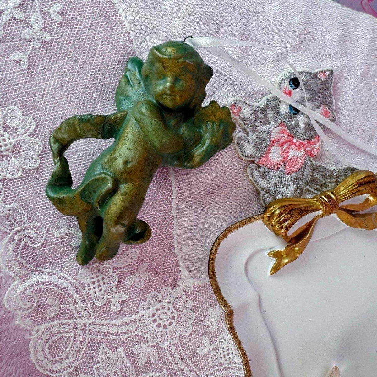 Vintage 90s Cherub Ornament - Green Gold Angel Figurine - Ornaments - ThrowbackBuys -Starbunnyvintage