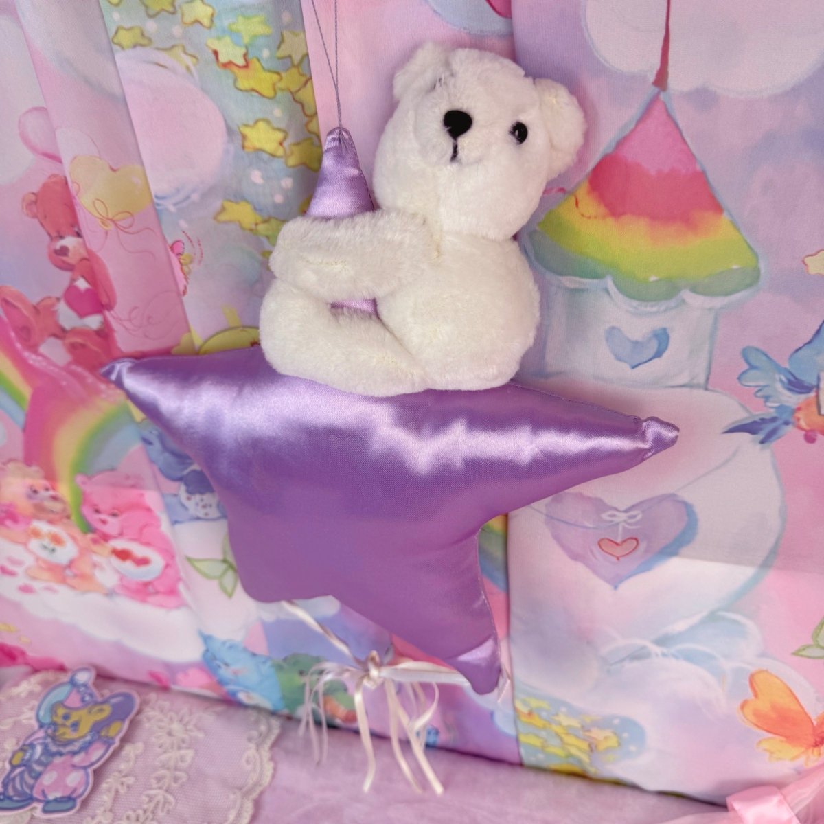 Vintage 90s Teddy Bear Wall Hanging – Plush Bear on Satin Star - Decor - ThrowbackBuys - Starbunnyvintage
