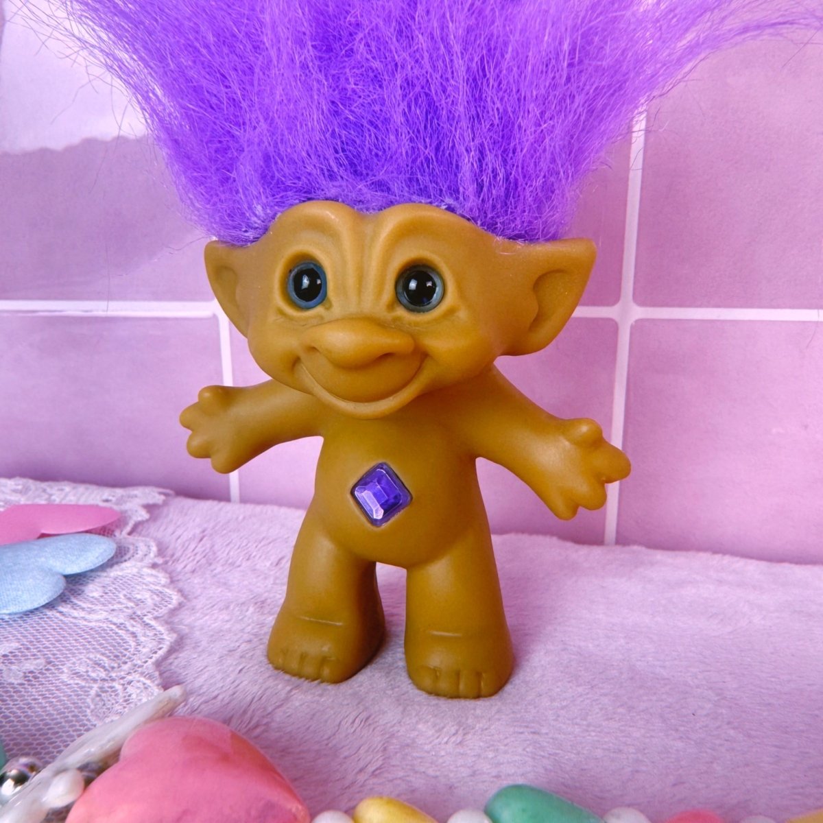 Vintage 90s Troll Doll With Purple Hair and Belly Gem - Action Figures & Collectibles - ThrowbackBuys - Starbunnyvintage