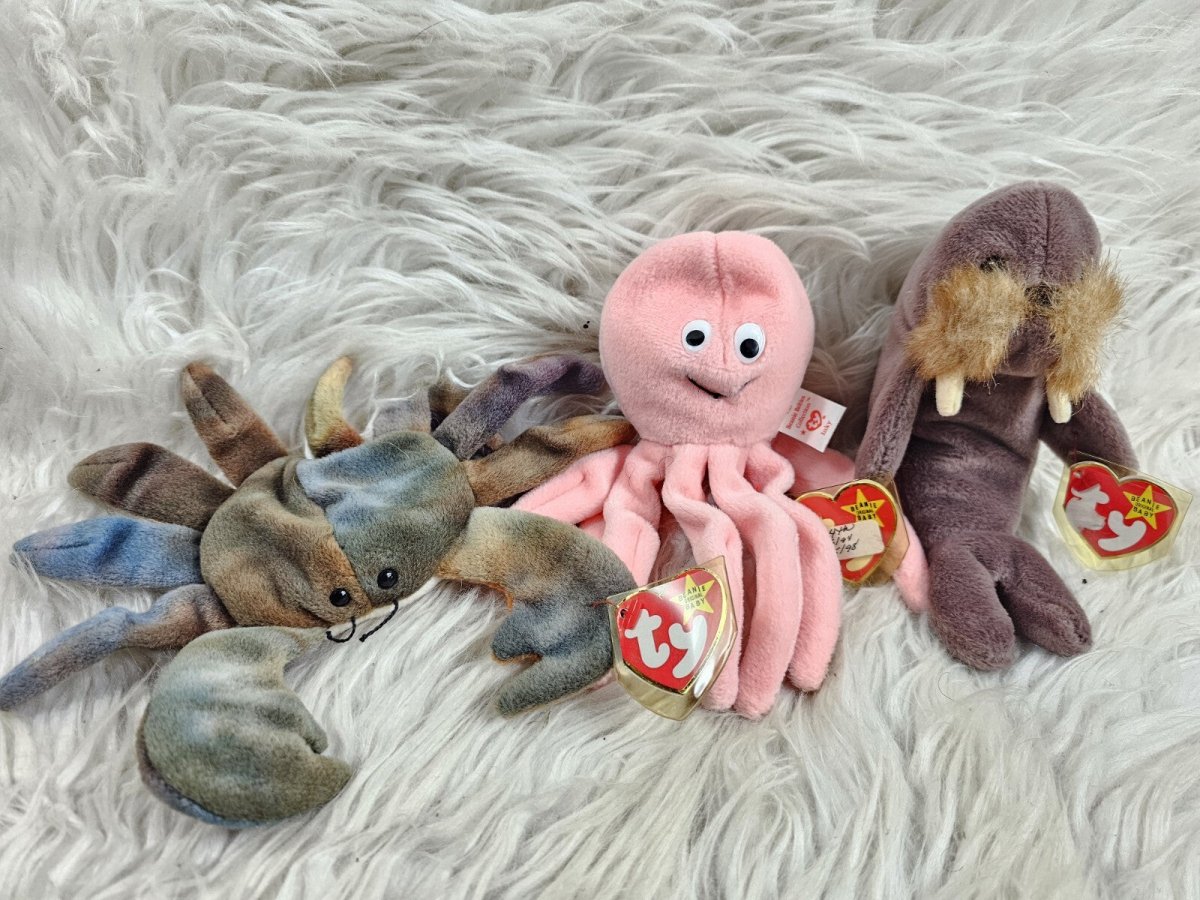 Vintage - Beanie Babies Collection: Inky The Octopus, Jolly The Walres And Claude The Crab w/Errors - Collectible Toys - ThrowbackBuys - The Thrifty Gypsyy Shop