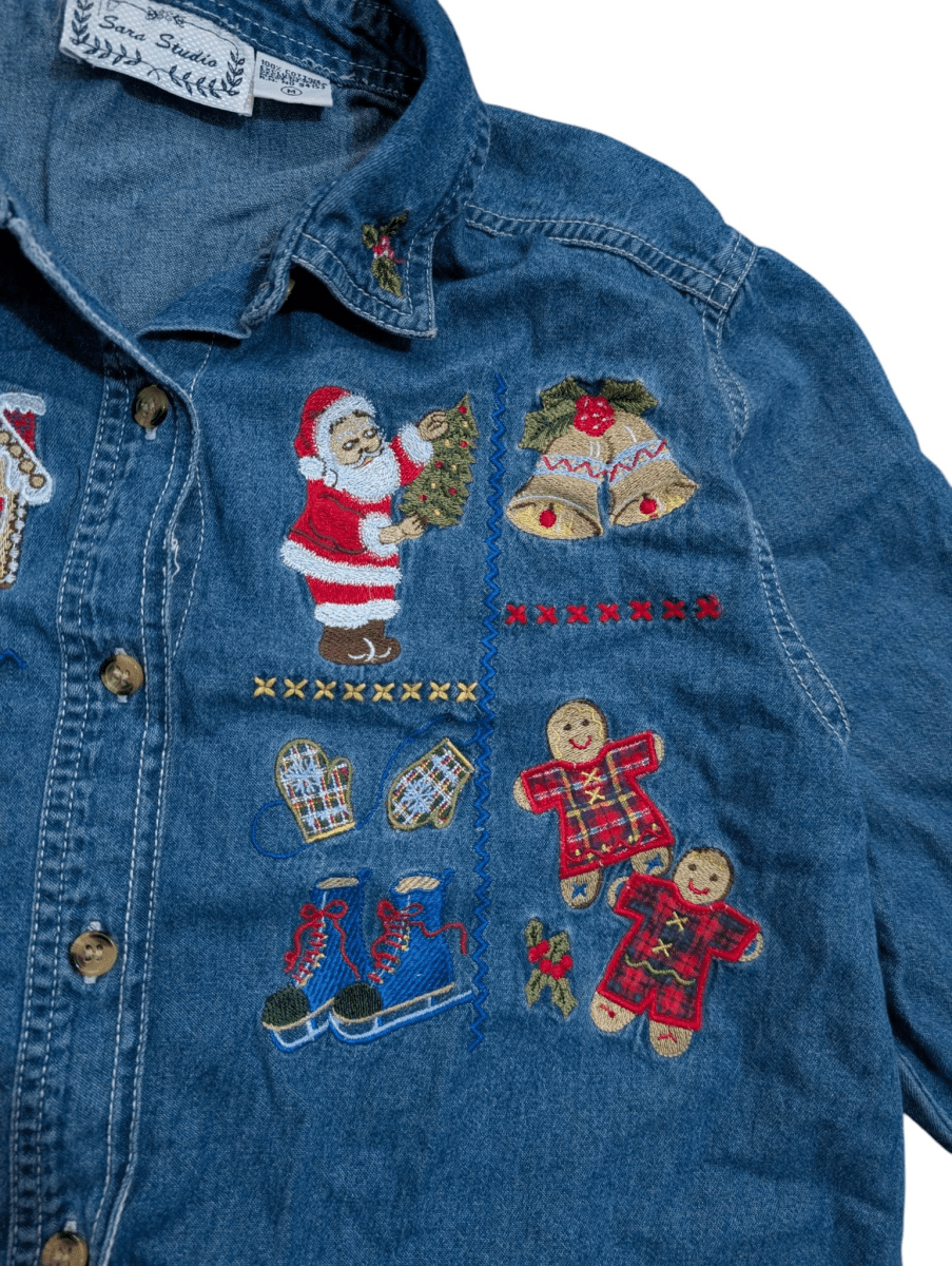 Vintage Christmas Embroidered Sara Studio Denim Shirt - Long Sleeve T-Shirt - ThrowbackBuys - Shiznit