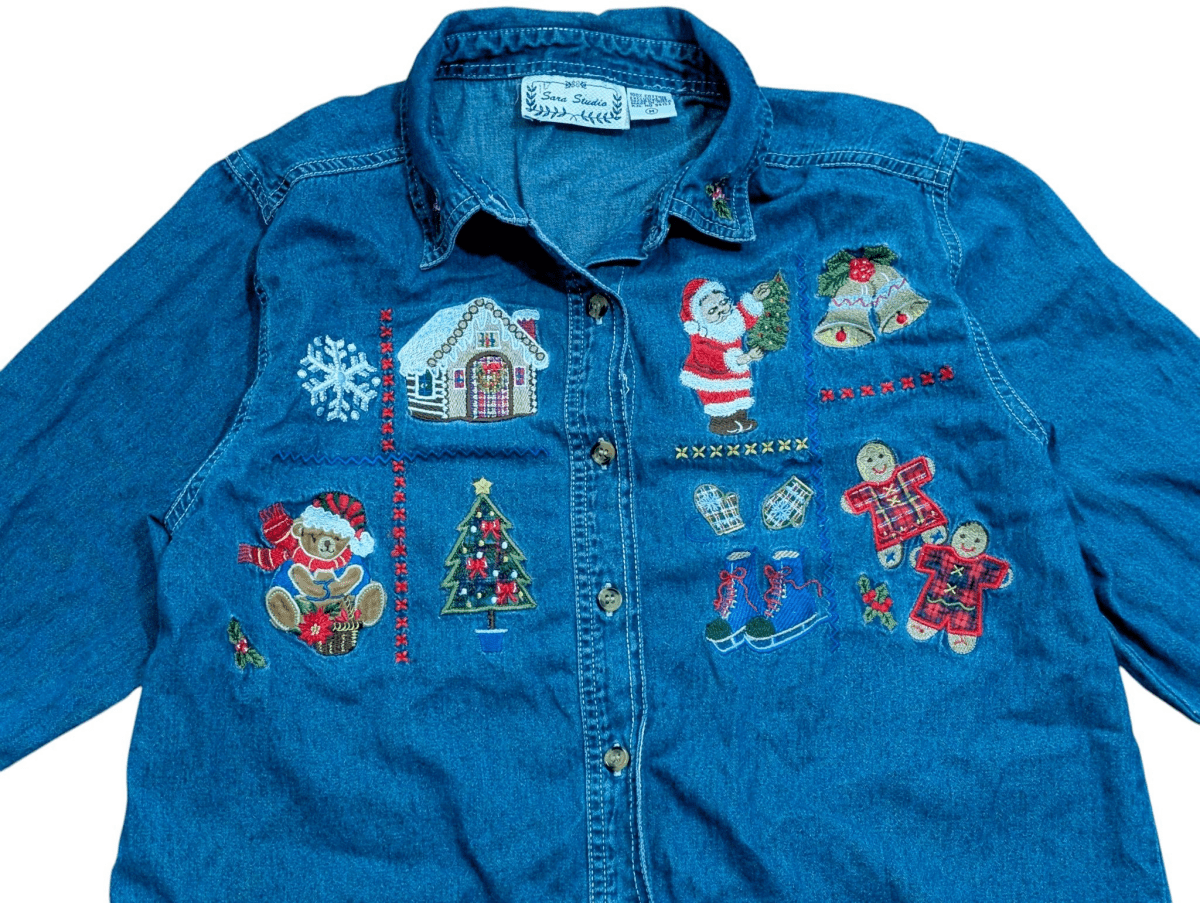 Vintage Christmas Embroidered Sara Studio Denim Shirt - Long Sleeve T-Shirt - ThrowbackBuys - Shiznit