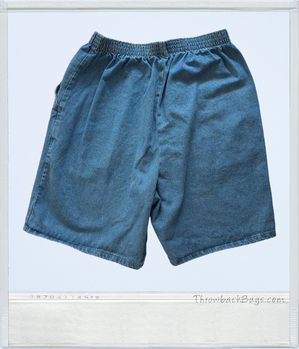 Vintage - Elastic High Waisted Medium Wash Denim Shorts Womens - Shorts - ThrowbackBuys - ThrowbackBuys