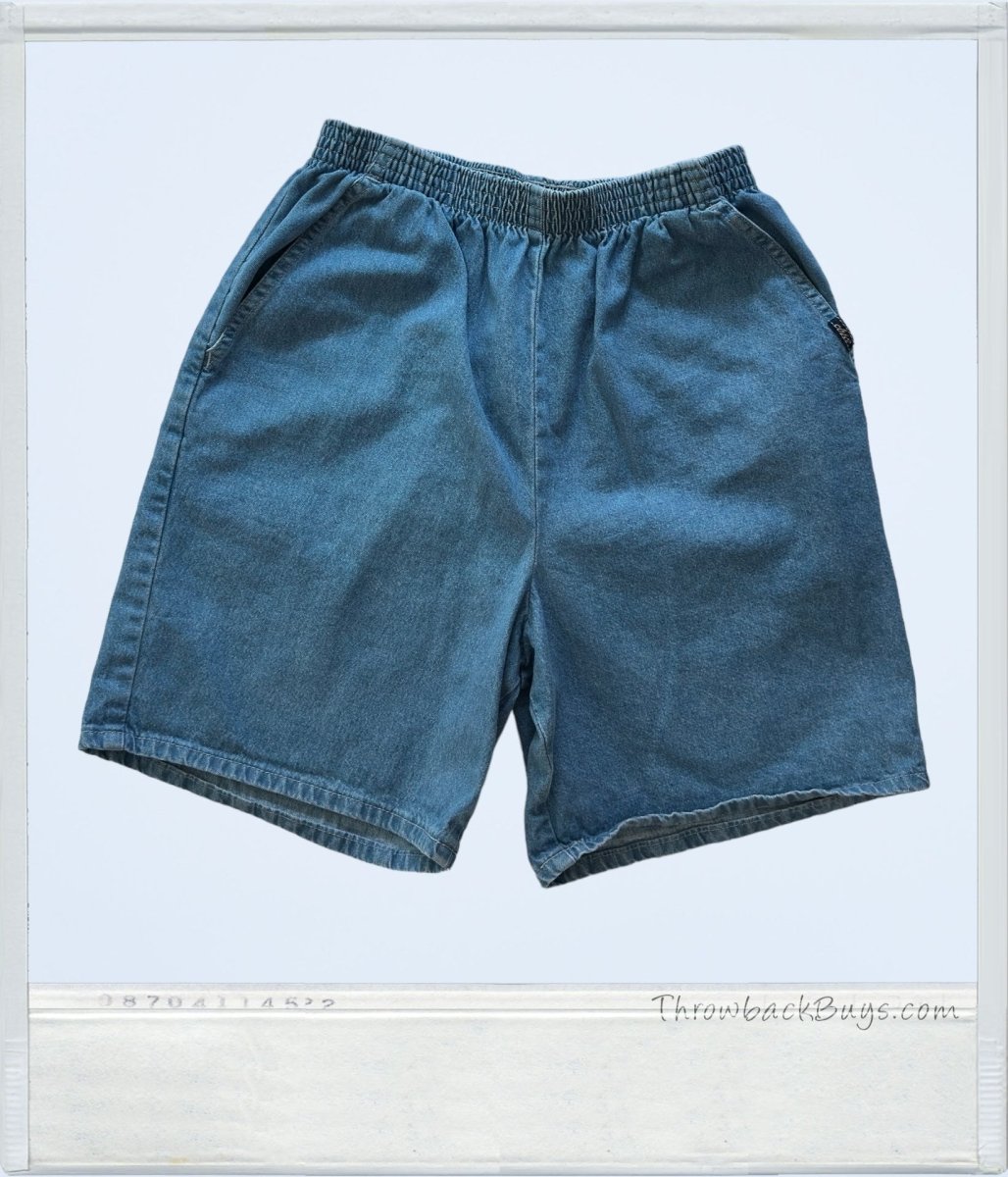 Vintage - Elastic High Waisted Medium Wash Denim Shorts Womens - Shorts - ThrowbackBuys - ThrowbackBuys