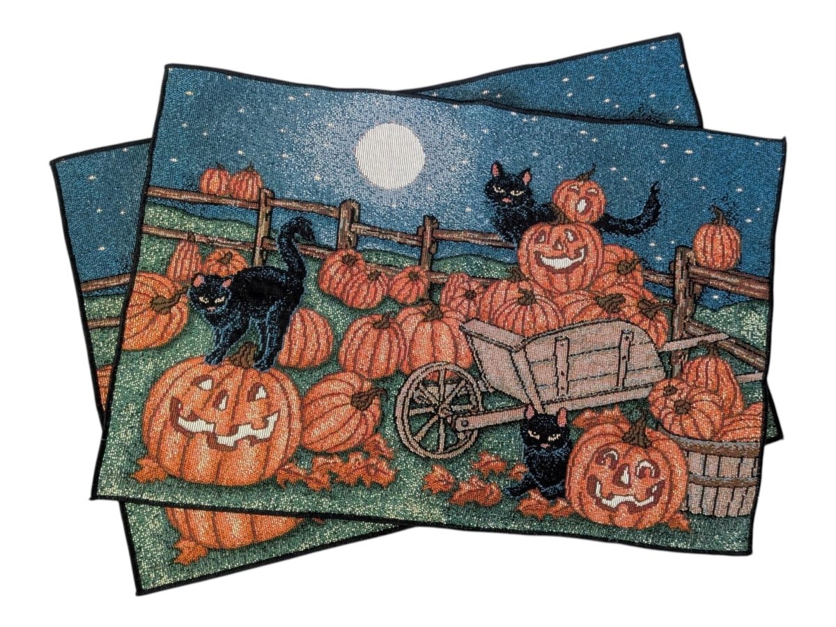 Vintage Embroidered 'Black Cats in the Pumpkin Patch' Tablemat - Decor - ThrowbackBuys -Shiznit