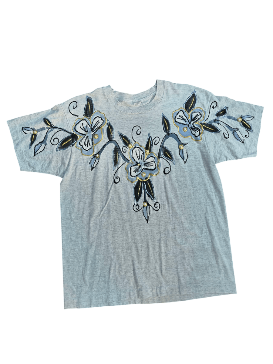 Vintage Gray Hand Painted Floral Shirt - T-Shirts - ThrowbackBuys - Shiznit