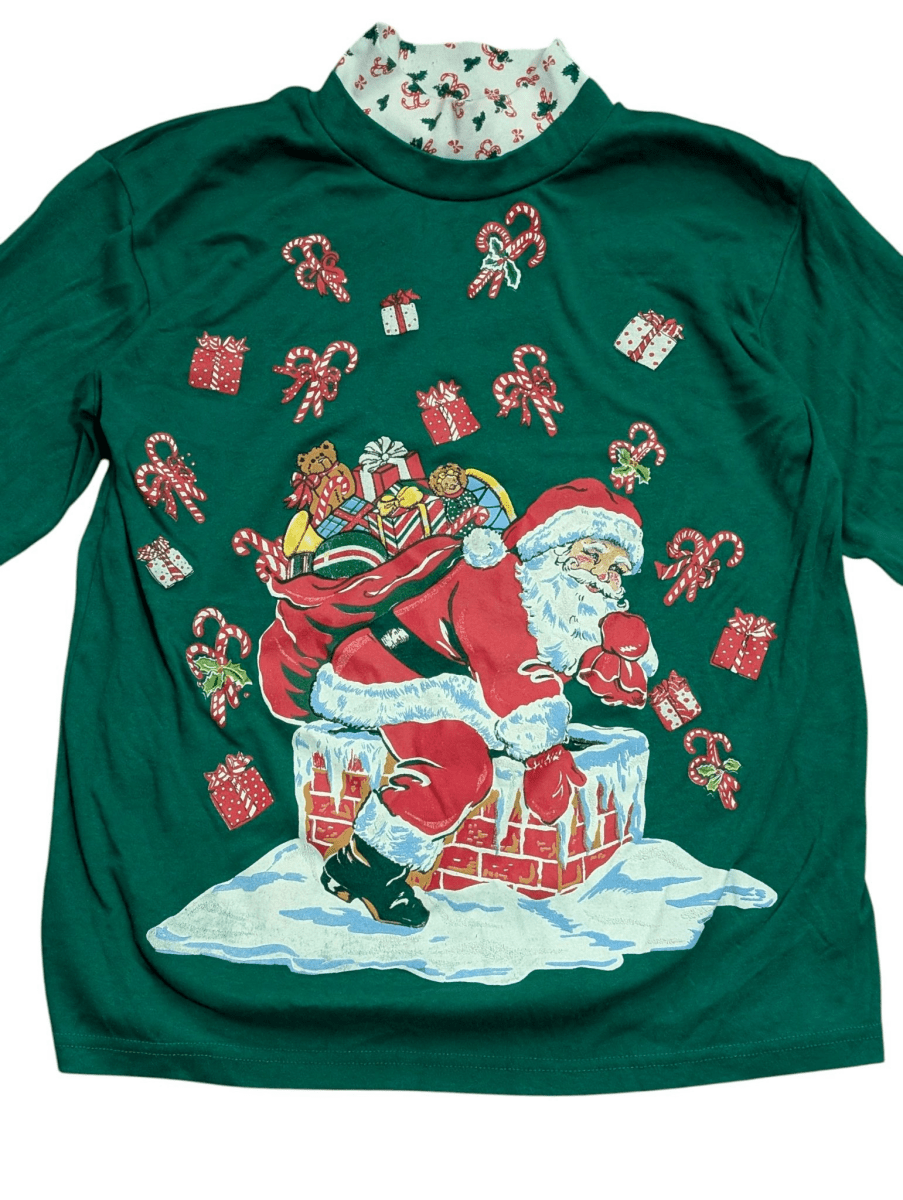Vintage Green Holiday Time Santa Turtleneck Sweater - Sweaters - ThrowbackBuys - Shiznit