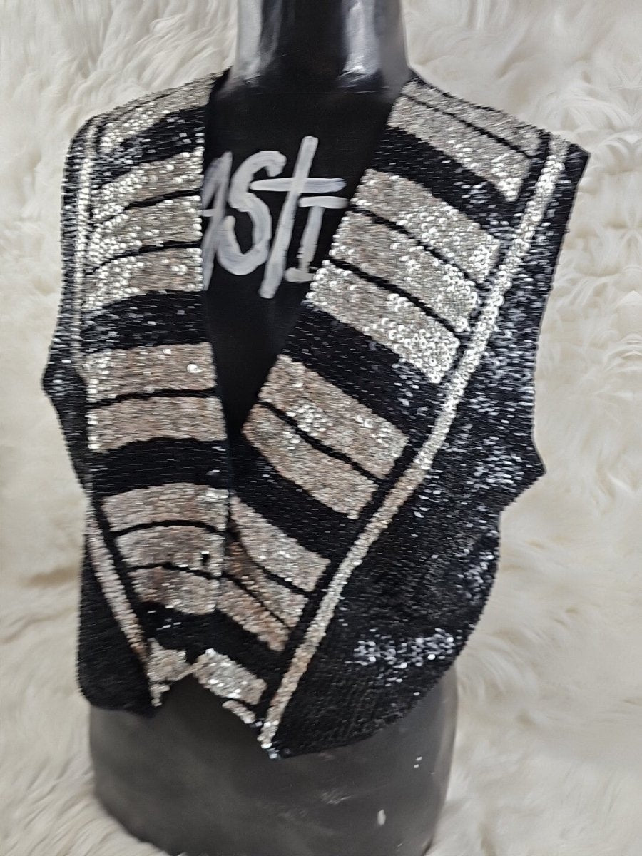 Vintage Match Ups by Natco Medium Sequin Black And White Vest - Psychedelic - Jackets - ThrowbackBuys - The Thrifty Gypsyy Shop