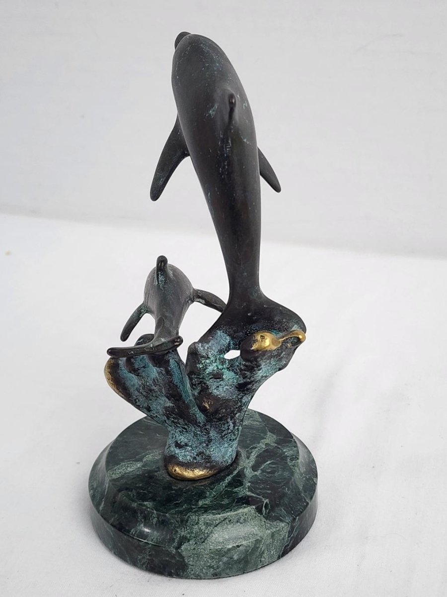 Vintage - SPI San Pacific International Mother Dolphin & Baby Brass/Marble Base Statue - Decor - ThrowbackBuys - ResellerDoor