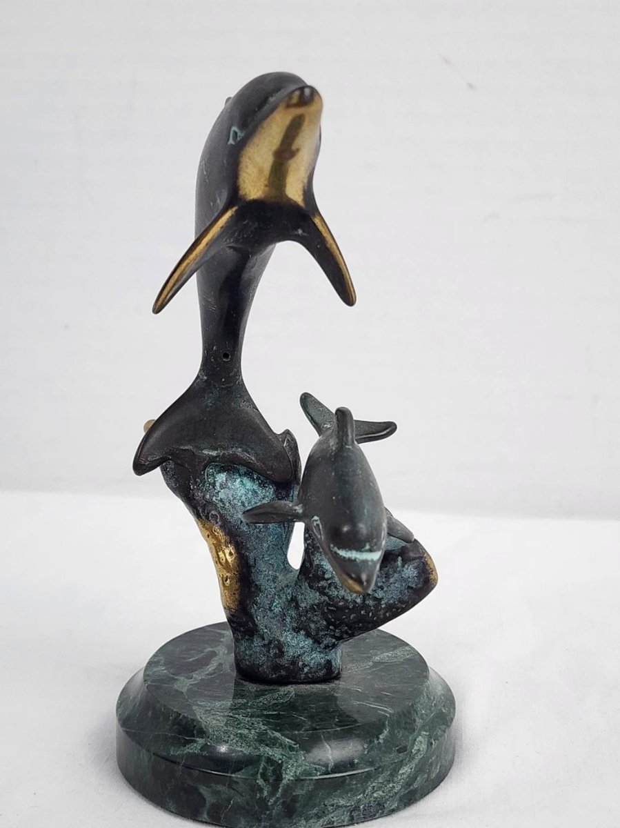 Vintage - SPI San Pacific International Mother Dolphin & Baby Brass/Marble Base Statue - Decor - ThrowbackBuys - ResellerDoor
