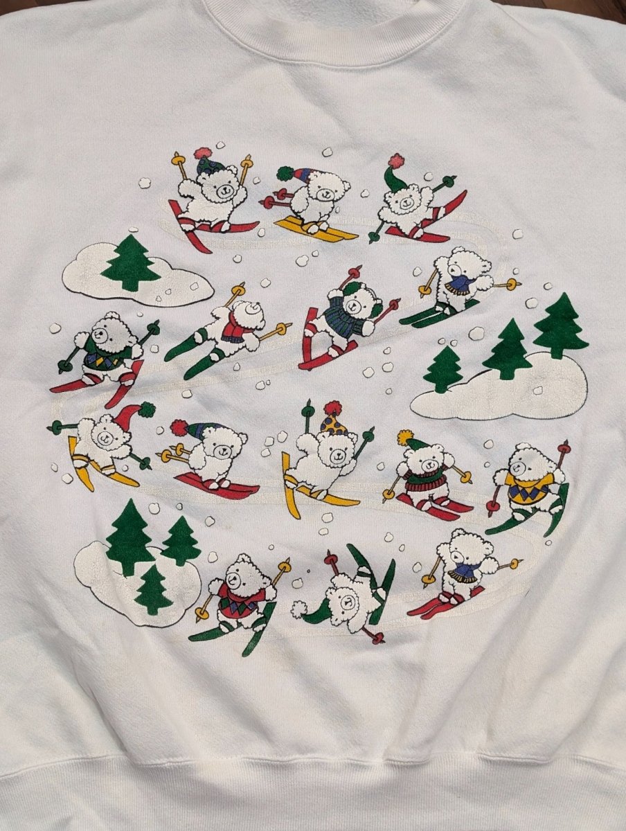 Vintage White Tultex Sweater - Skiing Bears - Sweaters - ThrowbackBuys - Shiznit